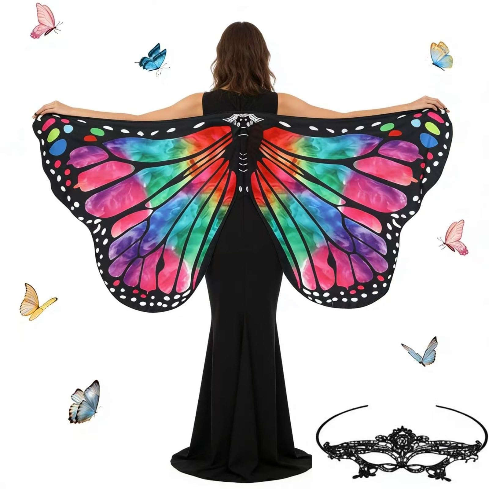 nsihing Butterfly Wings Adults,Womens Butterfly Wings Costume with Mask, Fancy Dress Up Costumes for Christmas, Halloween Cosplay (Gradient Rose Red Green)