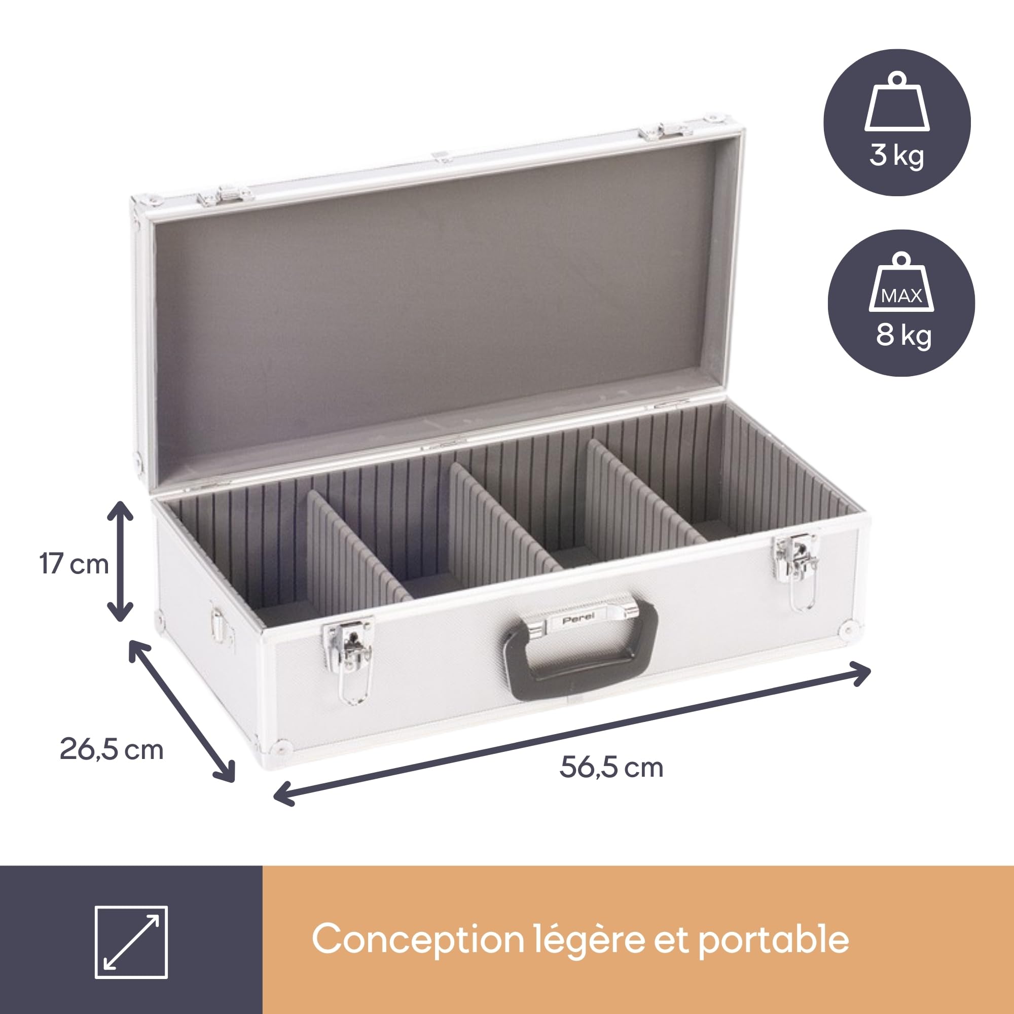 Perel Coffret pour 80 CD, verrouillage à clé, 2 clés, aluminium, 565 x 265 x 170 mm