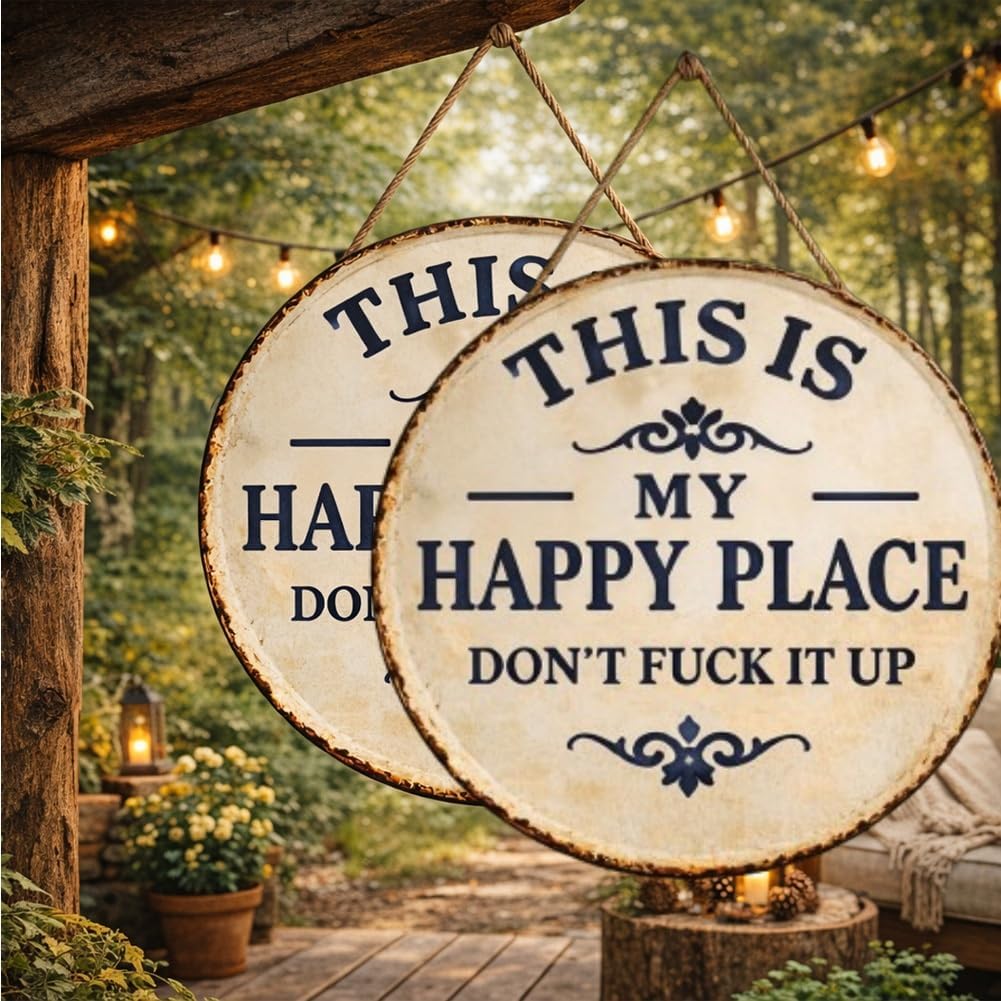 Funny Garden Metal Sign -"This Is My Happy Place Don't F*ck It Up" Vintage Decor, Ruin It Wall Decor Funny Gift for Home, Outdoor Patio Hanging Tin Plaque Front Outside Door(2PCS,12 * 12in)