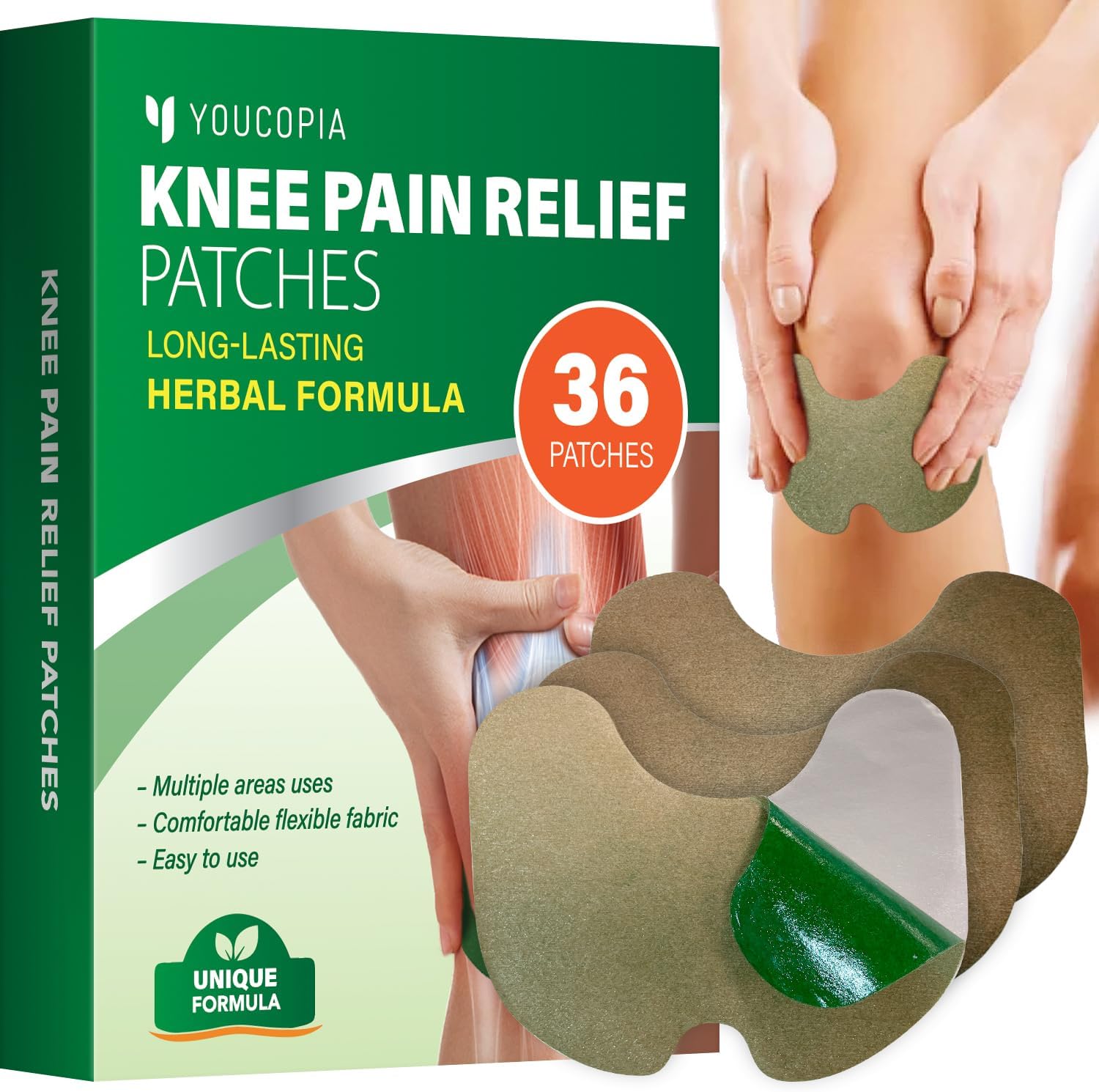 YOUCOPIA Pain Relief Patches 36 Pcs, Knee Pain Relief Patch, Warming Herbal Plaster Pain Patches, Heat Patches for Pain Relief, Long Lasting Relief of Muscle Joint Pains
