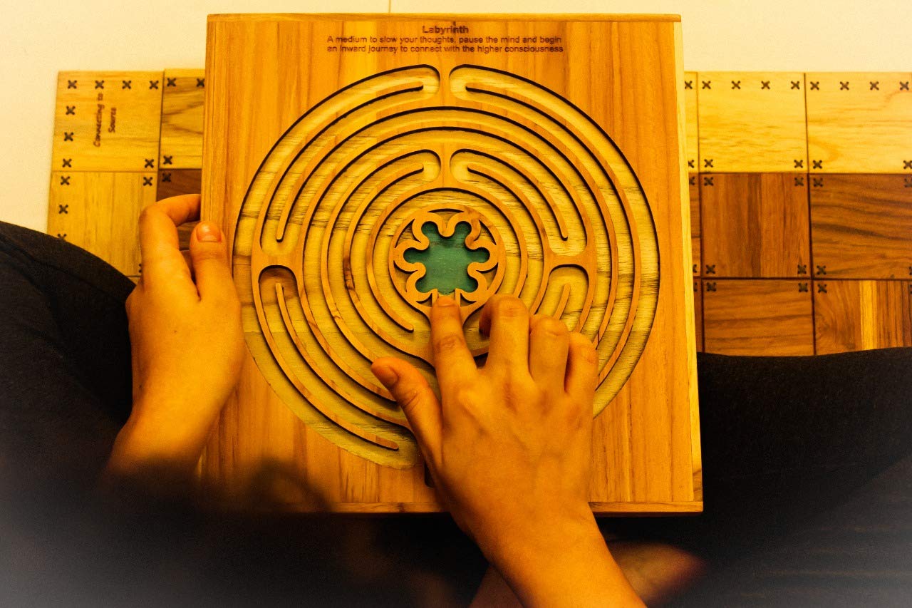 White Light Elements - Labyrinth Handmade Teak Wood Labyrinth & Hand Painted in Center Wooden Meditaition Accessories Spiritual Healing Divine Items Positive Energy Items for Home Office