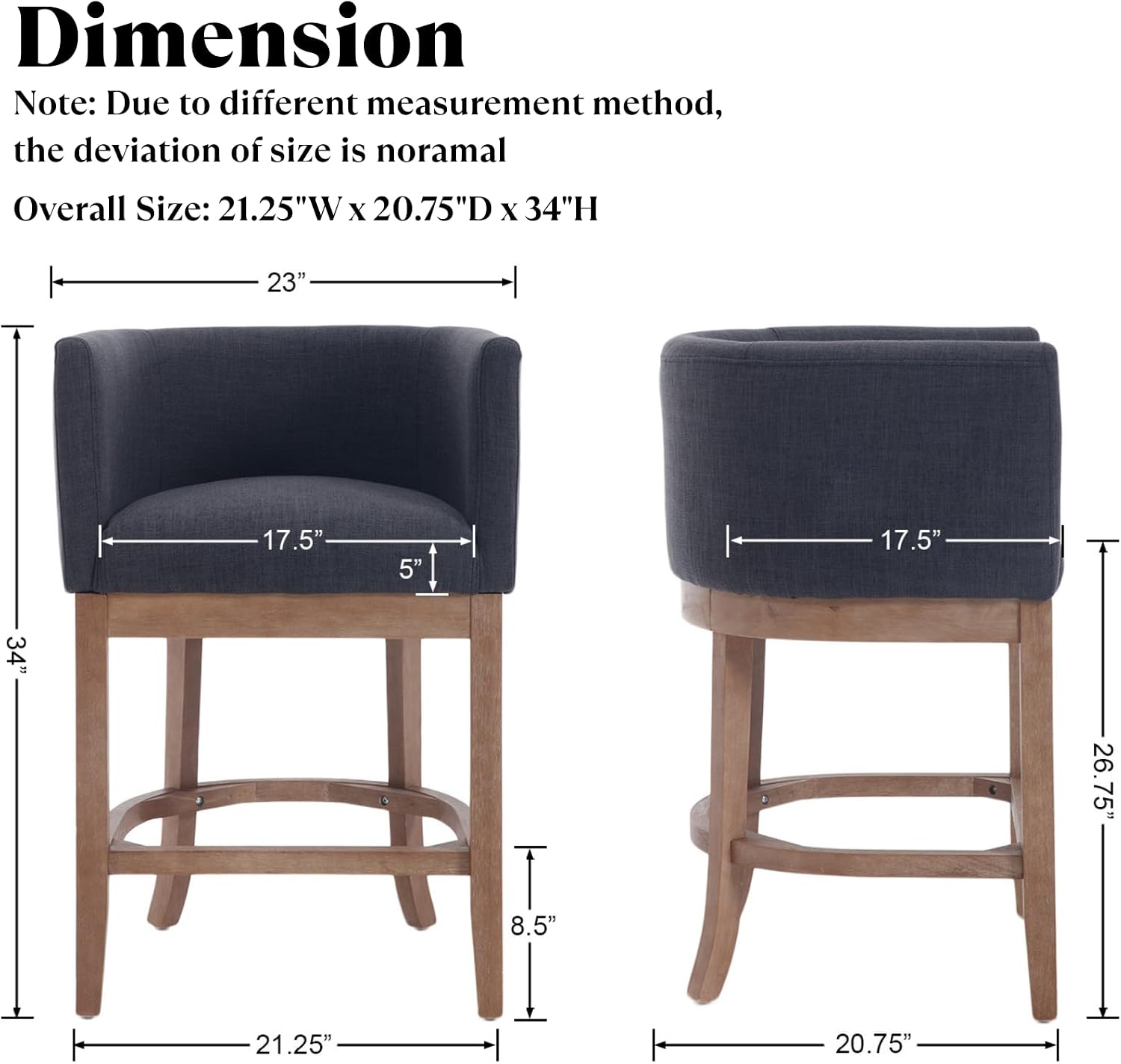 Ya-Home Modern Counter Height Barrel Bar Stool, 26” Linen Upholstered Counter Stool Farmhouse Wooden Barstool with Barrel Back/Arm Solid Natural Wood Leg Bar Chair for Kitchen Island, Charcoal Black
