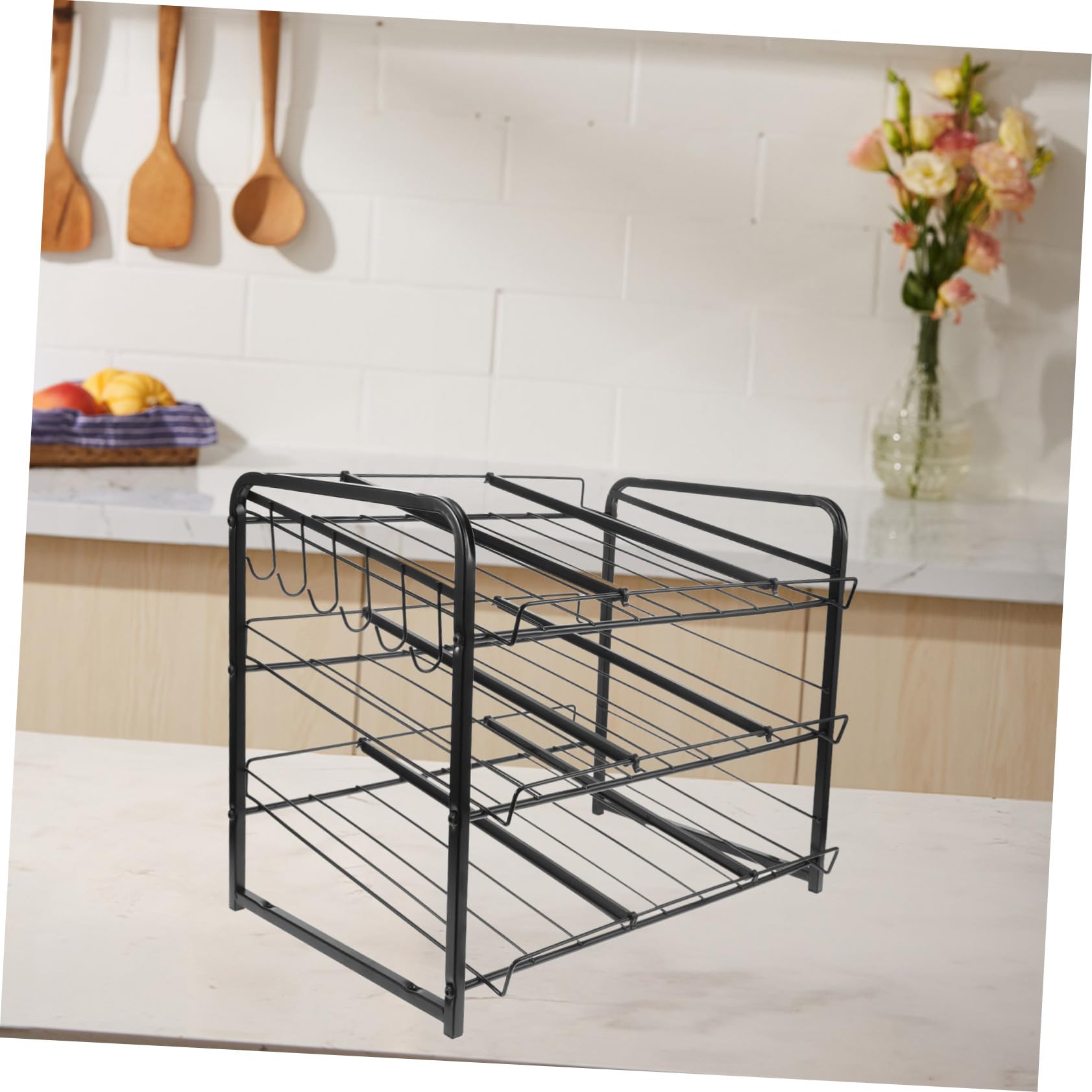 TOPBATHY Organizador de Latas Estante Apilable de 3 Niveles de Acero Inoxidable Negro, Dispensador Ajustable para Latas y Snacks para Encimera y Despensa