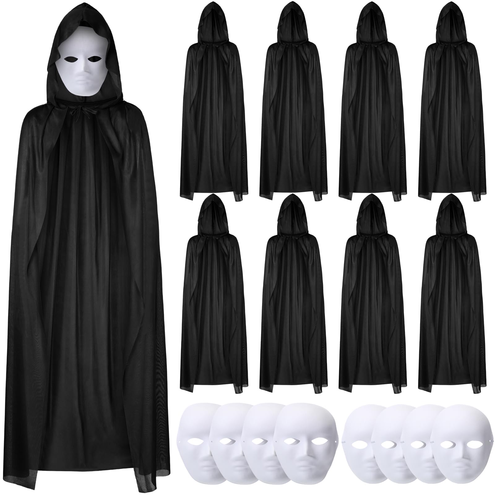 Velmitten 16 Pcs Halloween Black Cloak Masks Sets, 8 Adult Black Cloaks with Hood and 8 Full Face Masks Invisible Cape Robe for Adult Halloween