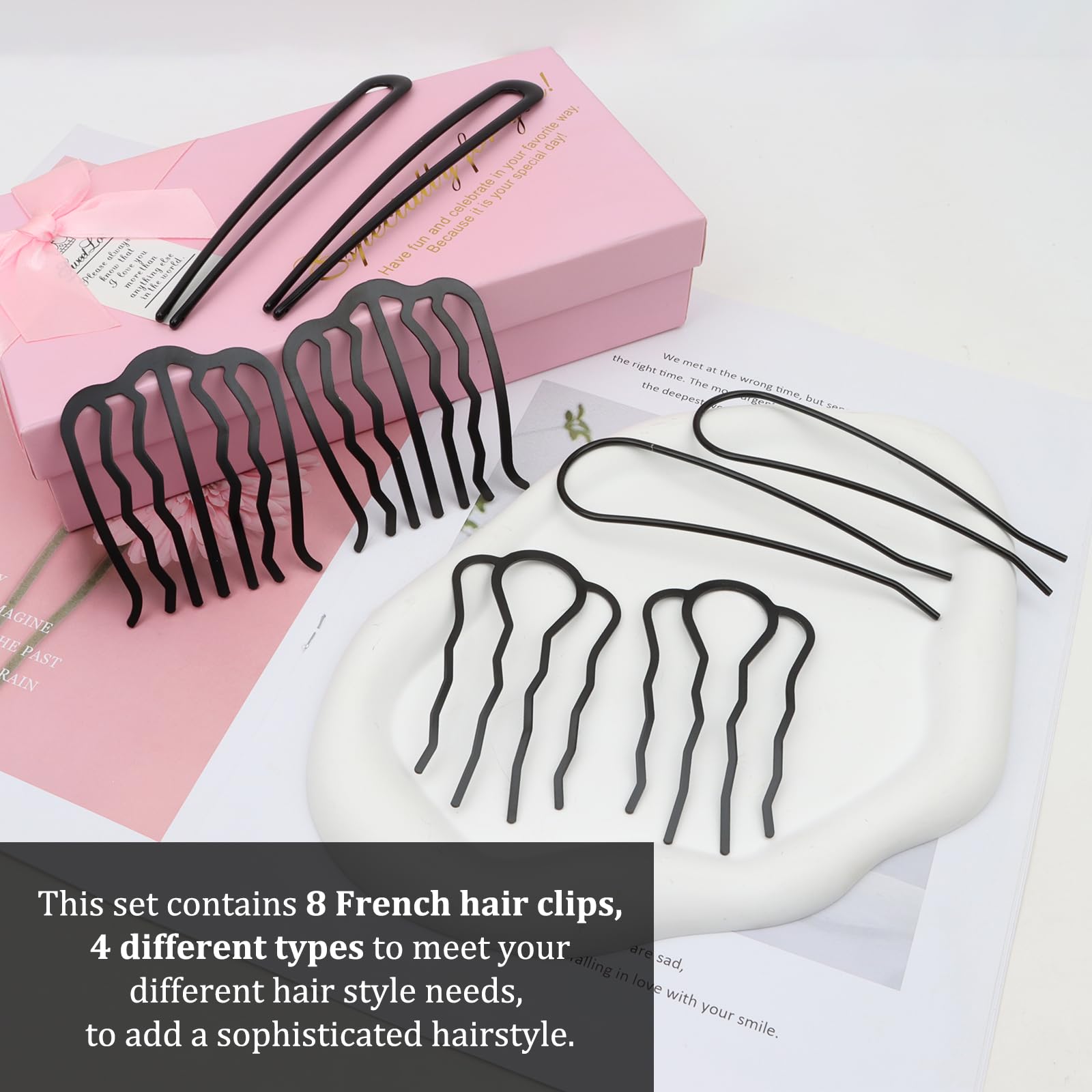 Forcine per capelli francesi, 8 forcine nere per capelli da donna, pettini laterali in metallo, forcine per capelli a forma di U, per chignon, forcine per capelli per acconciature