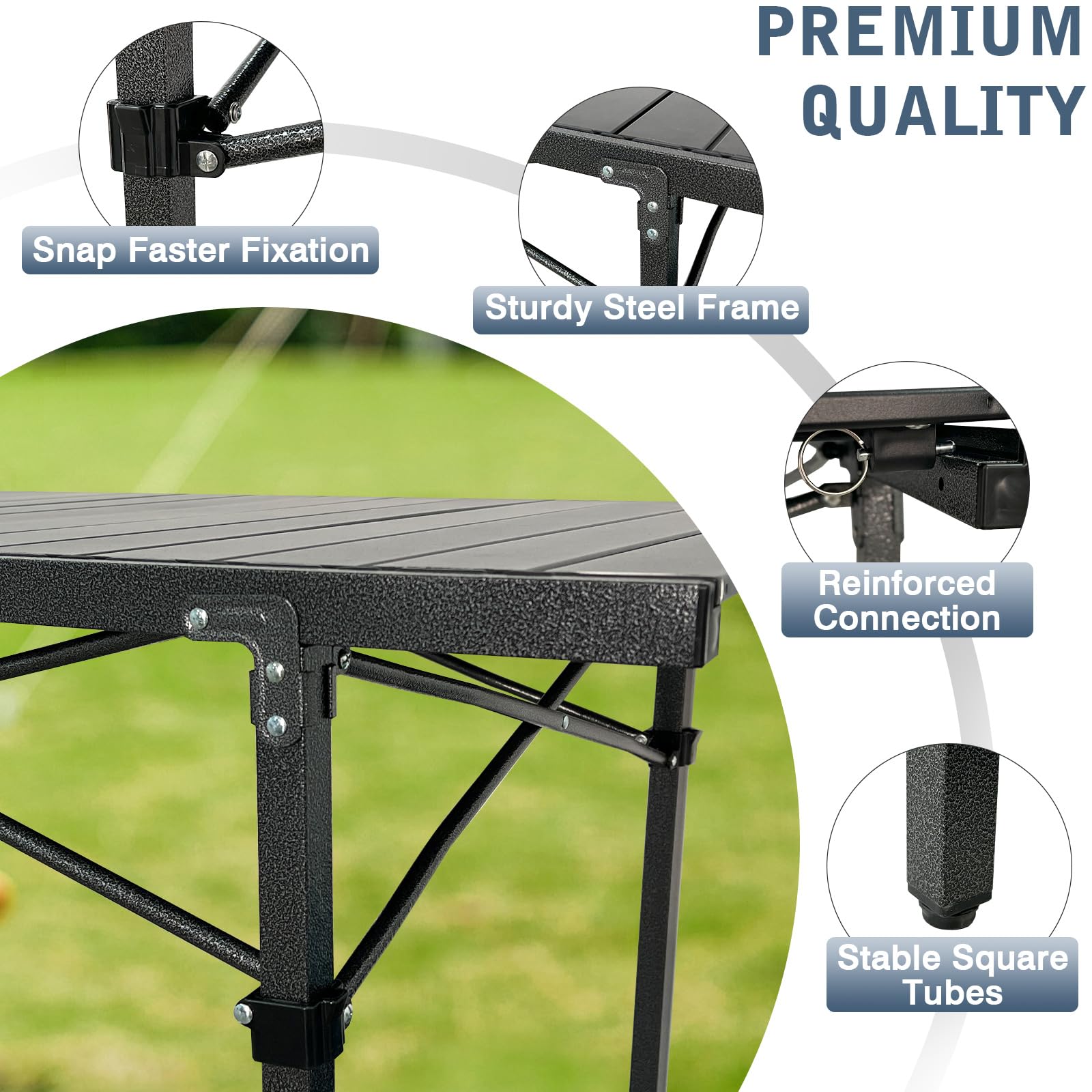 Campingtisch Klappbar Aluminium Breites Panel Groß Gartentisch für 4-6 Personen Outdoor Klapptisch Faltbar Rolltisch Reisetisch mit Aufbewahrungstasche 141 x 70 x 70cm bis 80kg Schwarz