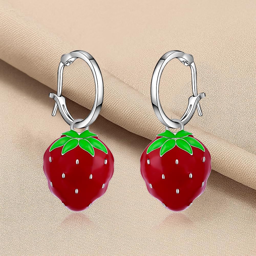 Strawberry Earrings Red for Women 925 Sterling Silver Simulated Fruit 3D Dangle Drop Cute Earrings Aesthetic Weird Hypoallergenic for Women Ears - Image 6