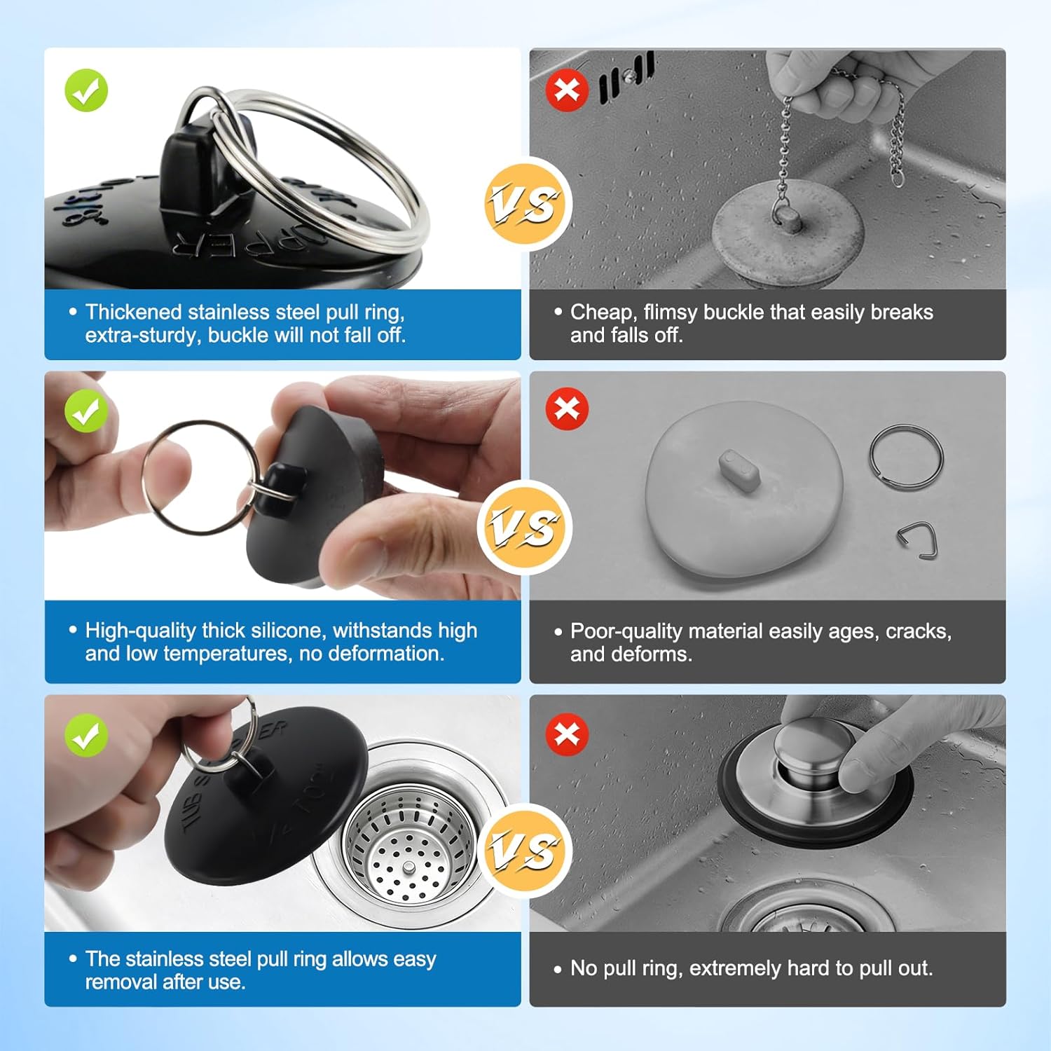 Hibbent 6 Pieces Drain Stopper, Rubber Kitchen Sink Stopper Drain Plug with Pull Ring for Kitchen, Bathtub, Bathroom and Laundry Sink in 6 Different Sizes, Black