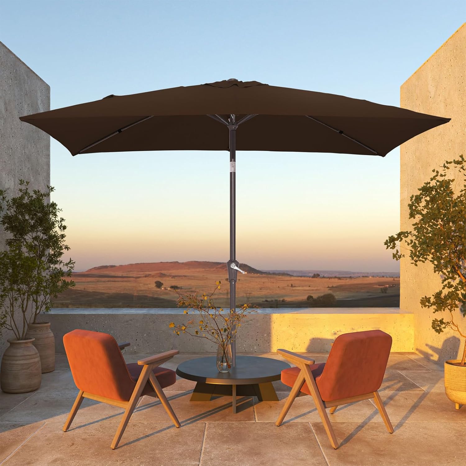 JEAREY 6.5x10 ft Rectangular Patio Umbrellas Rectangle Outdoor Umbrella with Push Button Tilt and Crank, Market Table Umbrella 6 Sturdy Ribs UV Protection for Poolside Garden Backyard Deck, Brown 6.5x10ft Brown