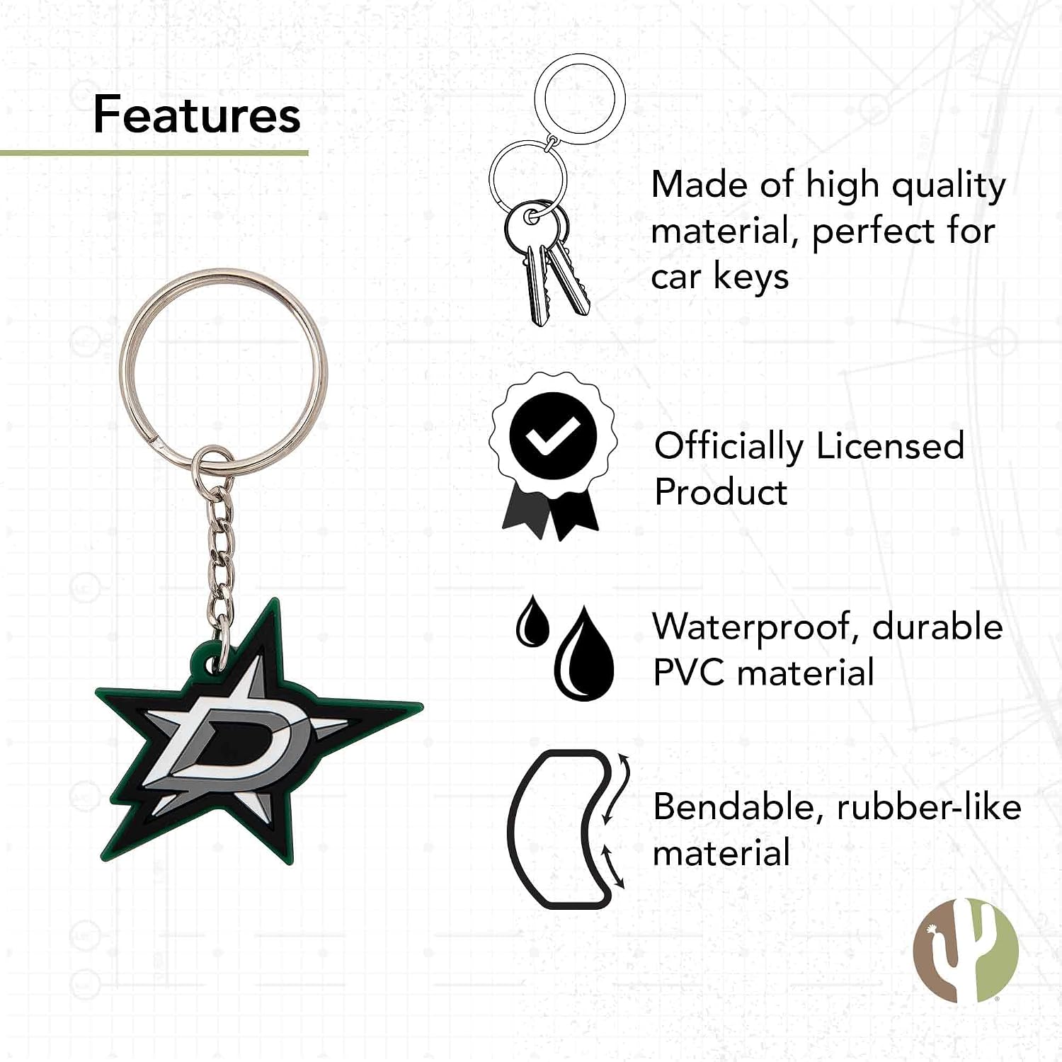 Desert Cactus Dallas Stars PVC Keychain NHL National Hockey League Bag Tag, Backpack, Car, Gift, Souvenir, Key Ring (PVC)