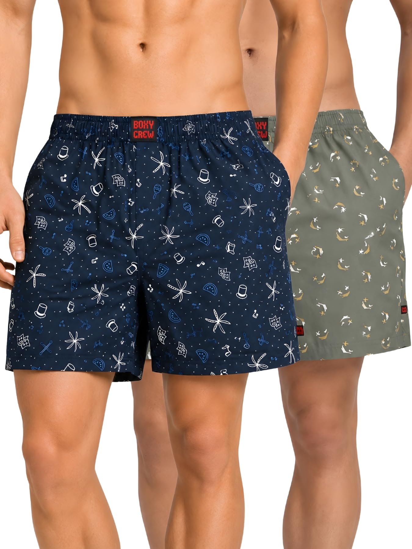 Men Boxer Shorts Pack of 2, 100% Cotton Woven Boxers, Navy Blue & Green, Printed Designs, Dual Side Pockets, No-Marks Inner Elastic Waistband, Relaxed Fit Lounge & Sleep Shorts-image-30