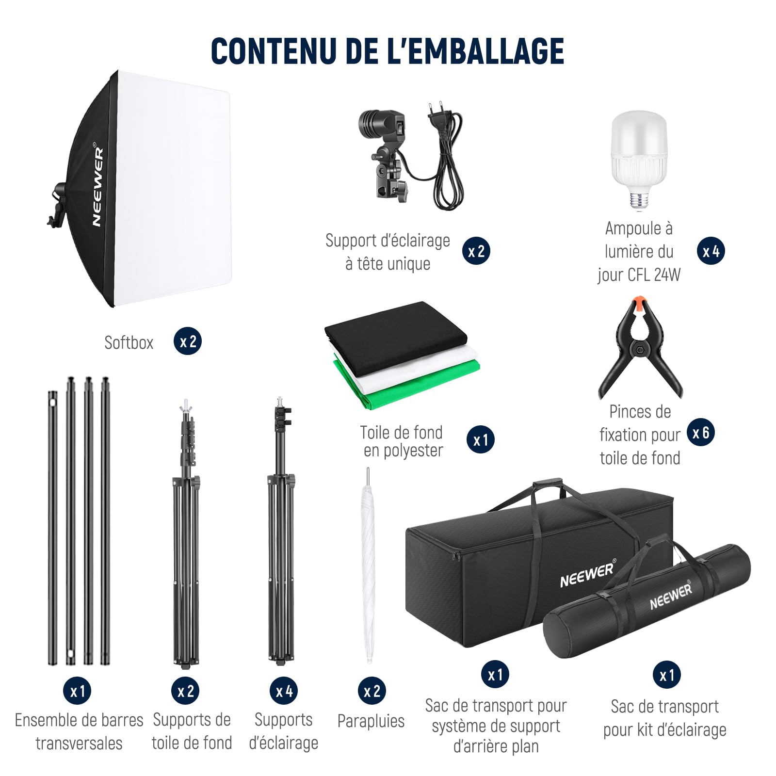 NEEWER Kit Studio Photo et éclairage, 2,6m x 3m Système de Support de Toile de Fond, équivalent 800W 5700K Ampoules LED Parapluie Softbox éclairage Continu pour Portrait et Photographie Vidéo
