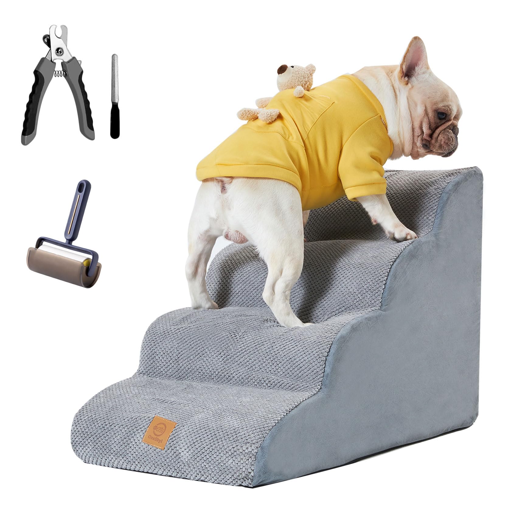 Dog Stairs & Steps for Small Dogs Cats with Premium Nail Clipper, 4 Steps Pet Stairs for High Bed Couch, Ultra Sturdy Dog Steps with High Density Soft Touch Foam, 2-Pack Hair Removers for Cleaning