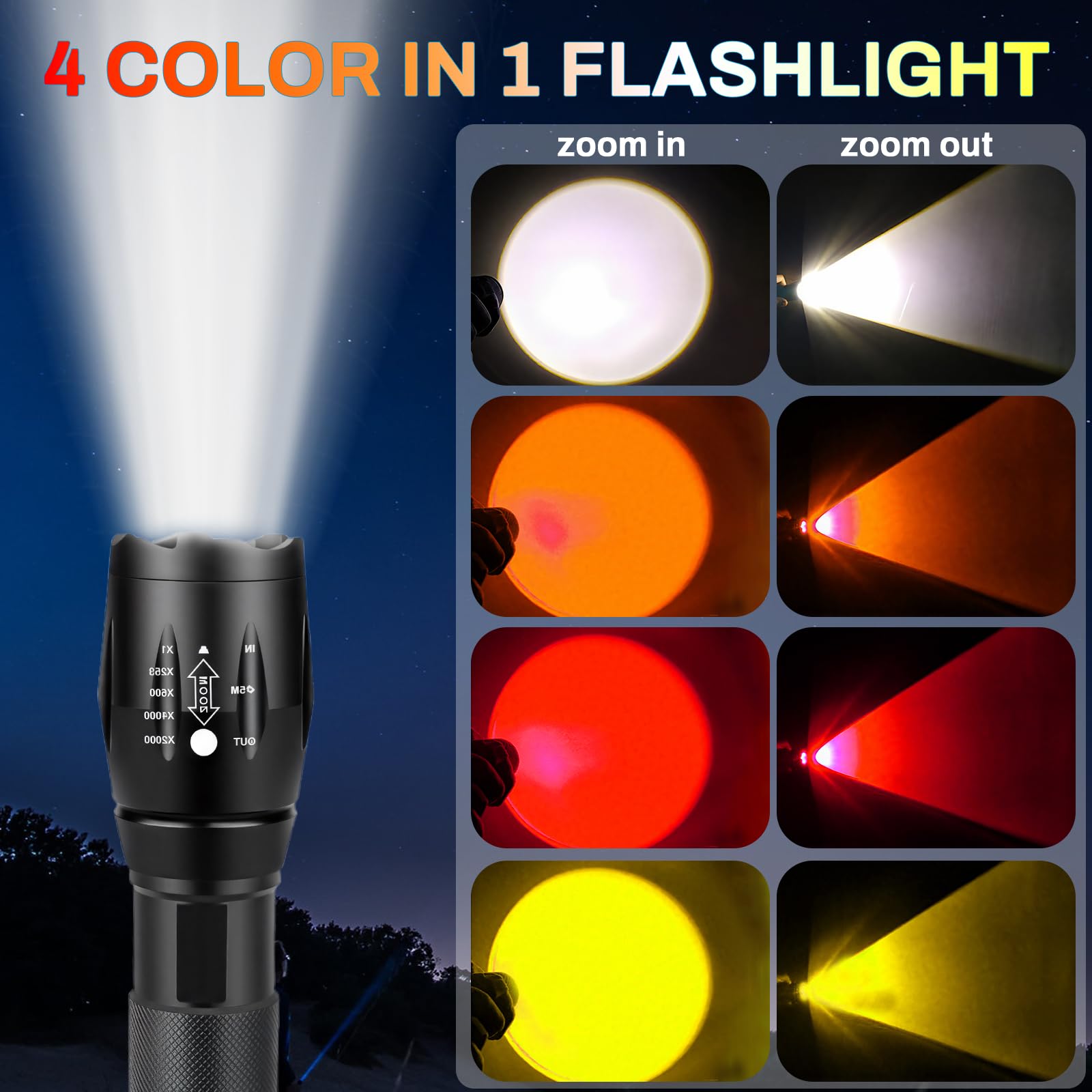 Akumulator Latarka LED 4 w 1, wielokolorowa latarka LED (biała, czerwona, żółta, pomarańczowa), Zoomable, wodoodporna, potężna mała latarka do obserwacji, nocnego wędkowania i nagłych