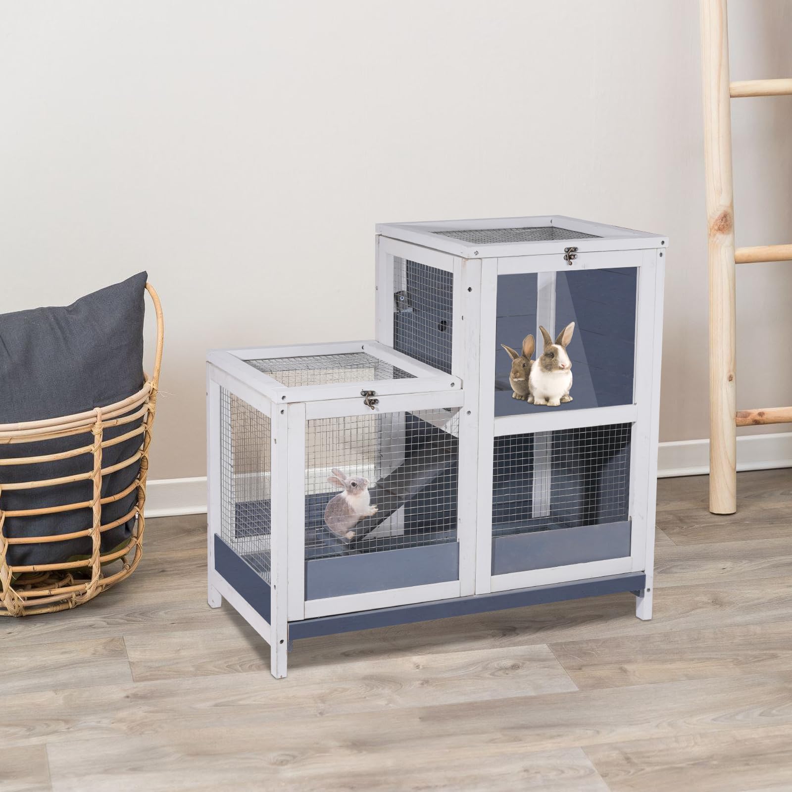 2-Story Guinea Pig Cages Wooden Indoor Rabbit Hutch Hamster Cage with Openable Roofs, Removable Tray and Wide Ramp, Small Animal Habitats for Hamsters, Guinea Pig, Ferrets, Hedgehog