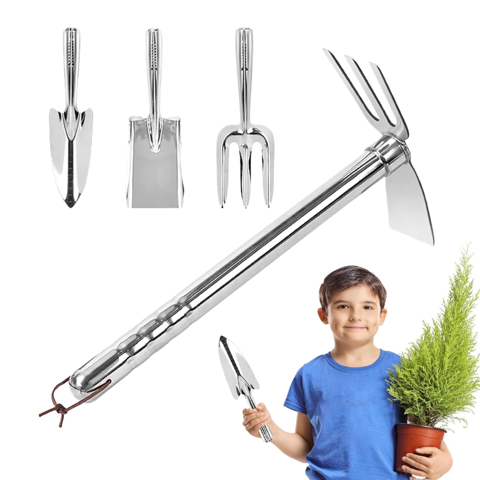Set Attrezzi Giardino 4 Pezzi Multifunzione in Acciaio Inossidabile | zappa a mano e da giardino per donne uomini anziani appassionati giardinieri cortile patio prato