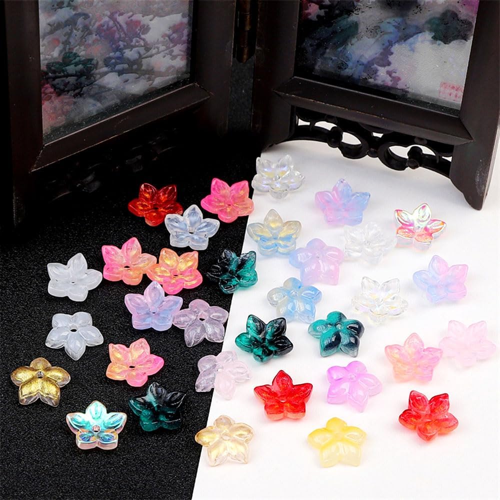 60PCS Colorful Flower Glass Beads Bulk Jewelry Beads for Jewelry Making Supplies Flower Charms for Bracelets Floral Charm Necklace Bracelet Making Kit Bead Spacers with Hole Cute Flowers Bead Charms - Image 3