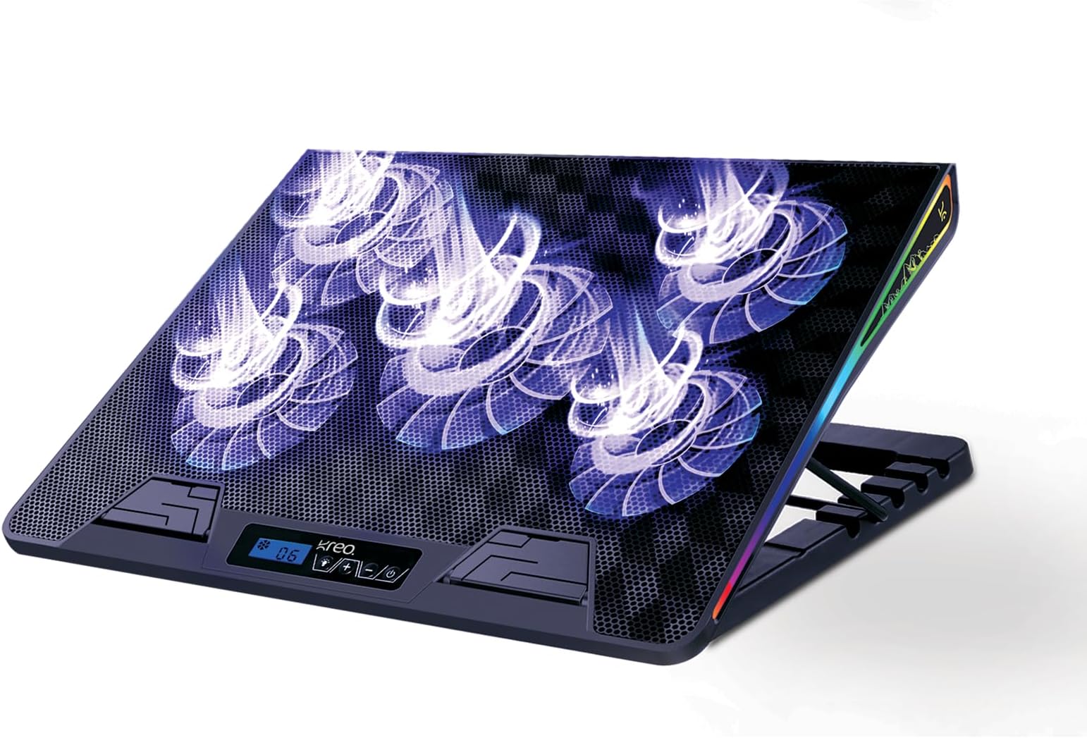 - Kreo Tundra Laptop Cooler Pad with 5 Adjustable Fans, Dual USB Port, 5 Adjustable Height Angles with LCD Display and 10 RGB Modes, Silent Cooling Pad with Under 21 dBA for Office and Gaming laptops.