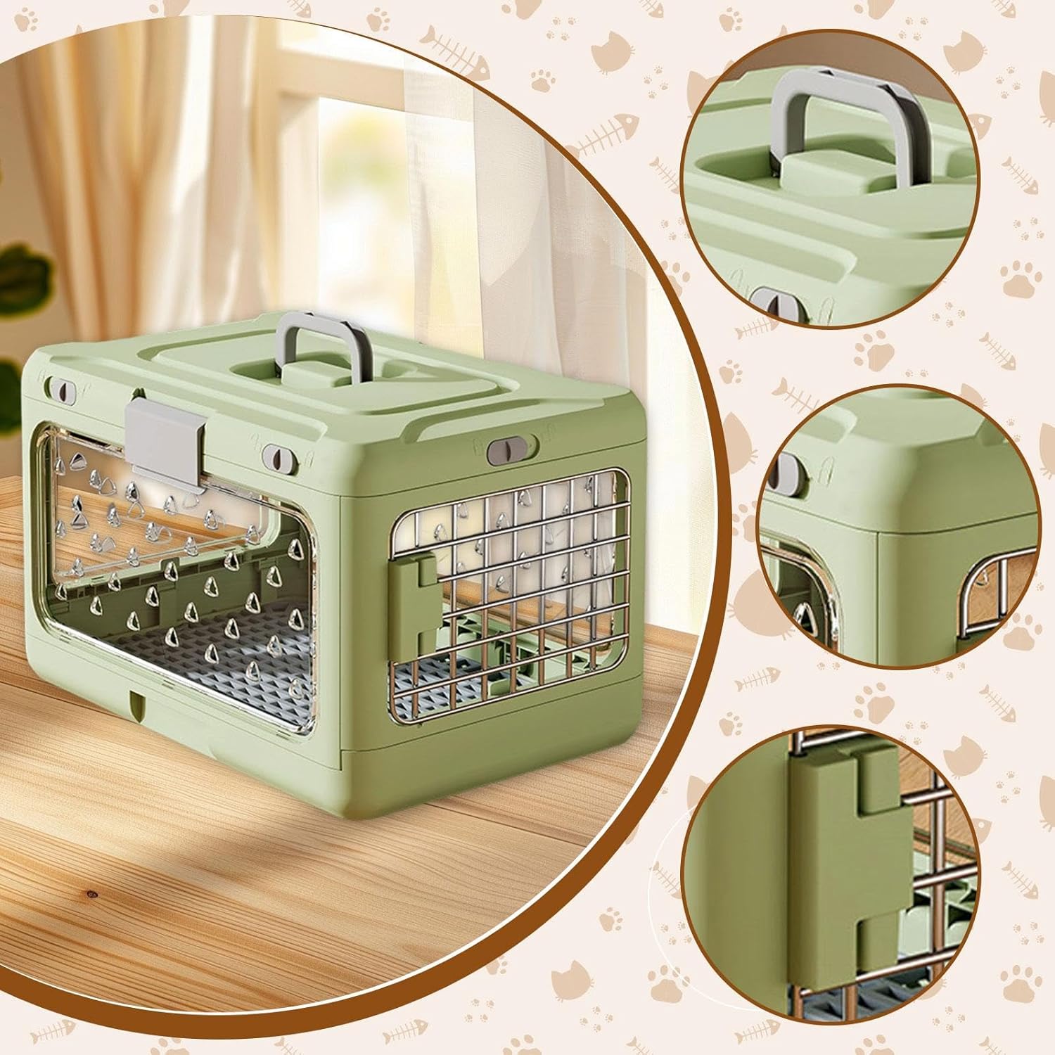 Folding Puppy Crate Cat Transport Box Hard Sided Transparent Portable Dog Kennel Pet Carrier for Small Dogs Rabbit Kitten, Green