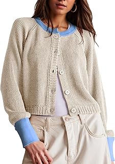Women's Cropped Cardigan Sweaters Fall Long Sleeve Open Front Cardigans Button Down Color Block Knit Outwear Coats