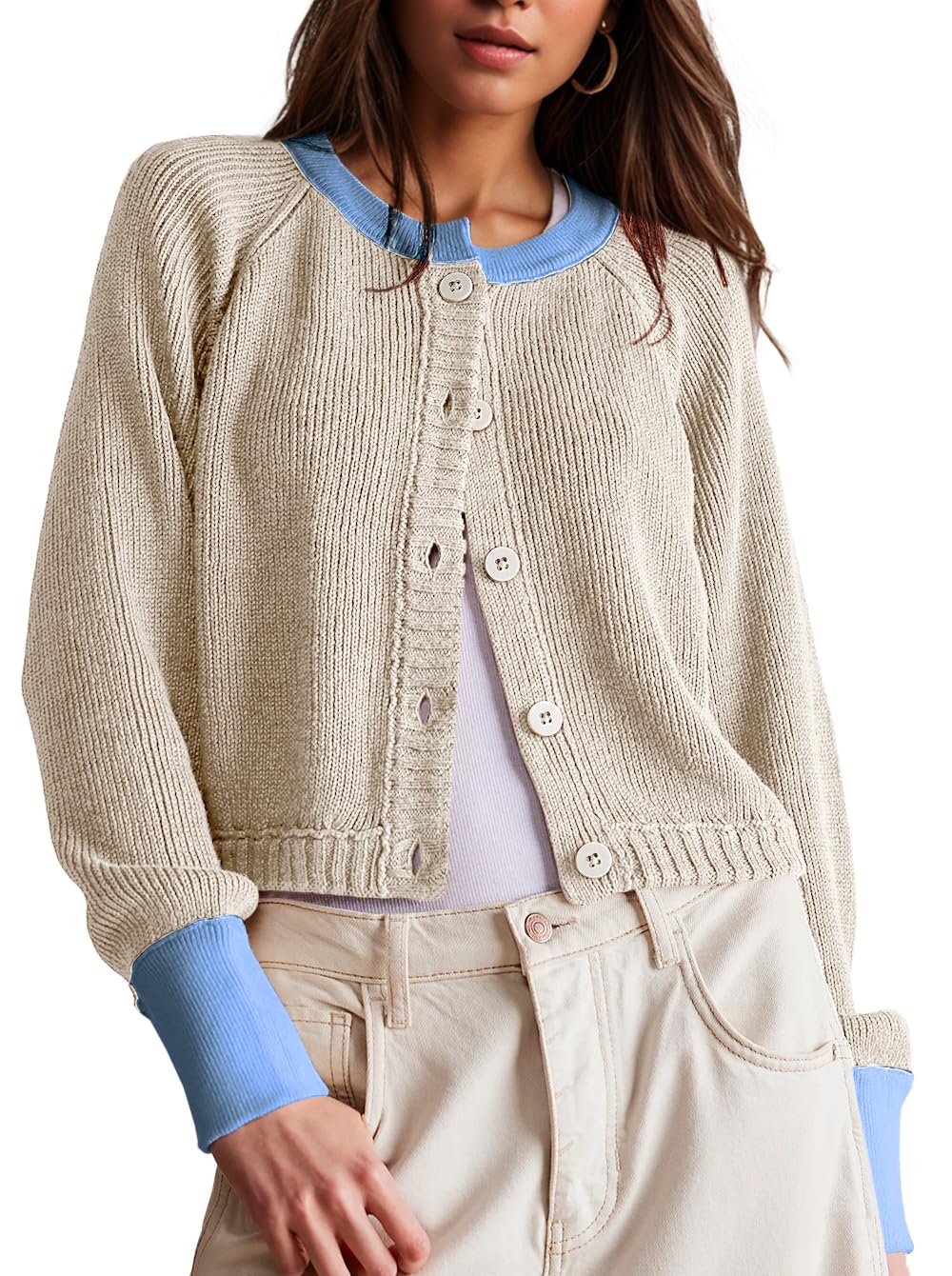 UNCLECAT Womens Cropped Cardigan Sweaters Fall Long Sleeve Open Front Cardigans Button Down Color Block Knit Outwear Coats