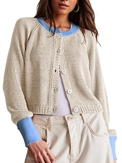 UNCLECAT Womens Cropped Cardigan Sweaters Fall Long Sleeve Open Front Cardigans Button Down Color Block Knit Outwear Coats