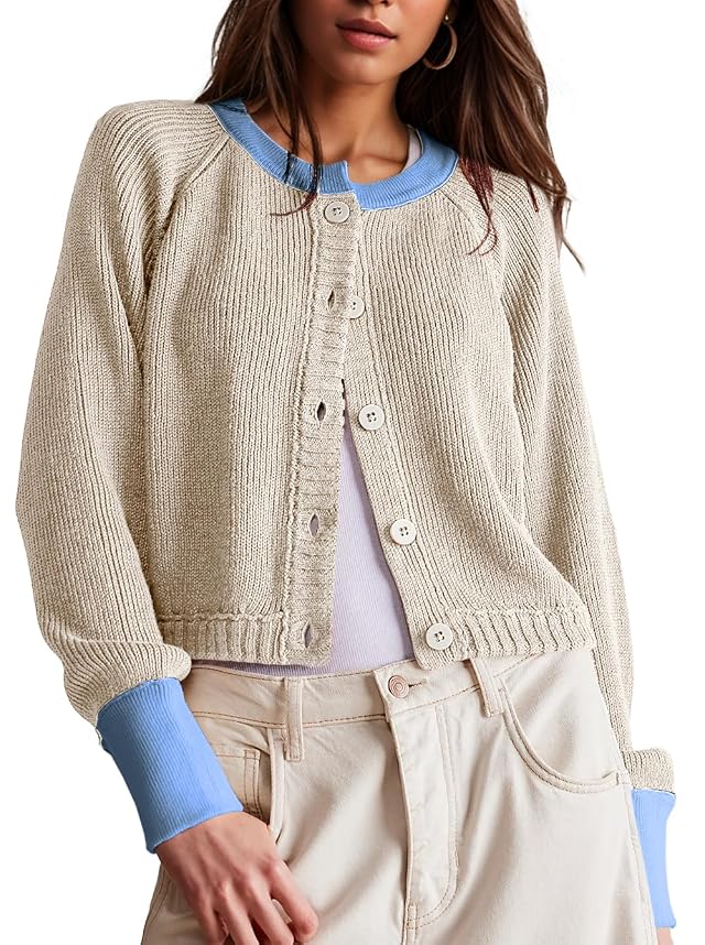 UNCLECAT Womens Cropped Cardigan Sweaters Fall Long Sleeve Open Front Cardigans Button Down Color Block Knit Outwear Coats