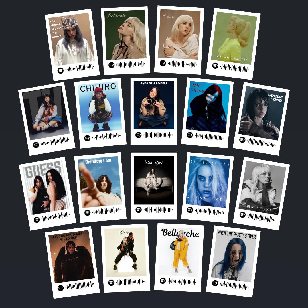 Billie Eilish | Billie Eilish Songs Mini Poster Kit (Set of 18) | Billie Eilish Lovely, Bad Guy, Everything I Want Songs Size (8 x 6 cm) Posters for Phone Accessories, Bedroom, Office, room decoration
