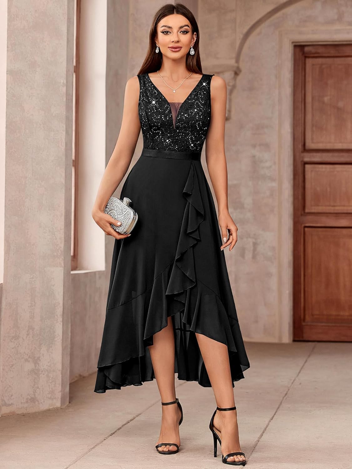 Miusol Women's Vintage V-Neck Sleeveless Sequined Floral Lace Ruffle Split Evening Party Dress - Image 3