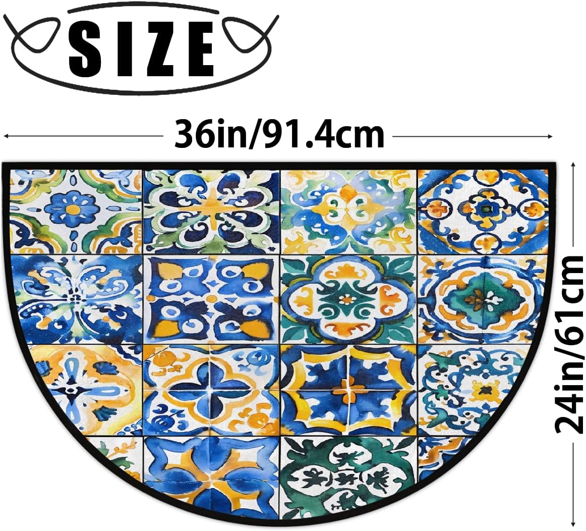 Ethnic Mexican Tile Half Round Door Mat Indoor Entrance Low Pile Non Slip Absorbent Semi Circle Welcome Mats Doormats 36x24 in Floor Mats for Home Kitchen