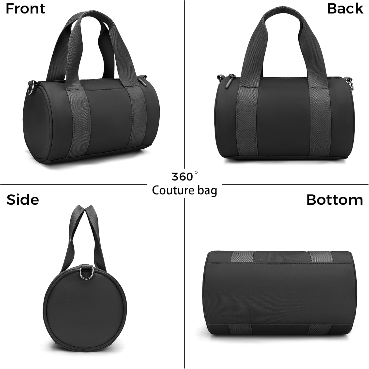 FODOKO mini Gym Bag for Women, barrel purse,Crossbody Duffel Bags Handbag from Gym to Travel (Black)