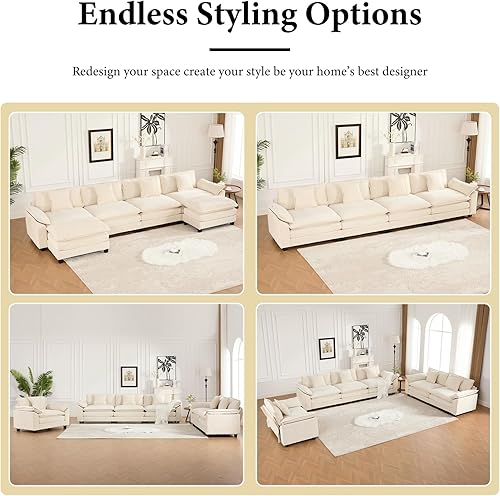 Miniatura 7 de Sofá seccional modular beige de 117.3", sofás seccionales grandes de 3 plazas para sala de estar, sofá nube oversized de tela chenille con otomana,