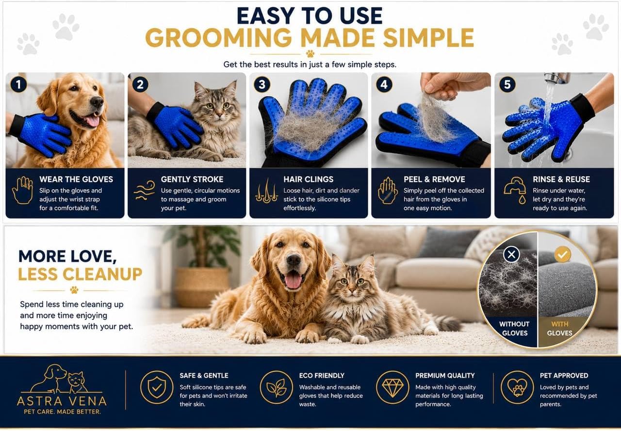 8-Piece Dog Grooming Kit for Dogs & Cats, Pet Grooming Set with 2 Grooming Gloves, 17 & 9 Tooth Dematting Rake, Fine-Tooth Comb, Bath Massage Brush, Nail Clippers, Nail File & Finger Toothbrush