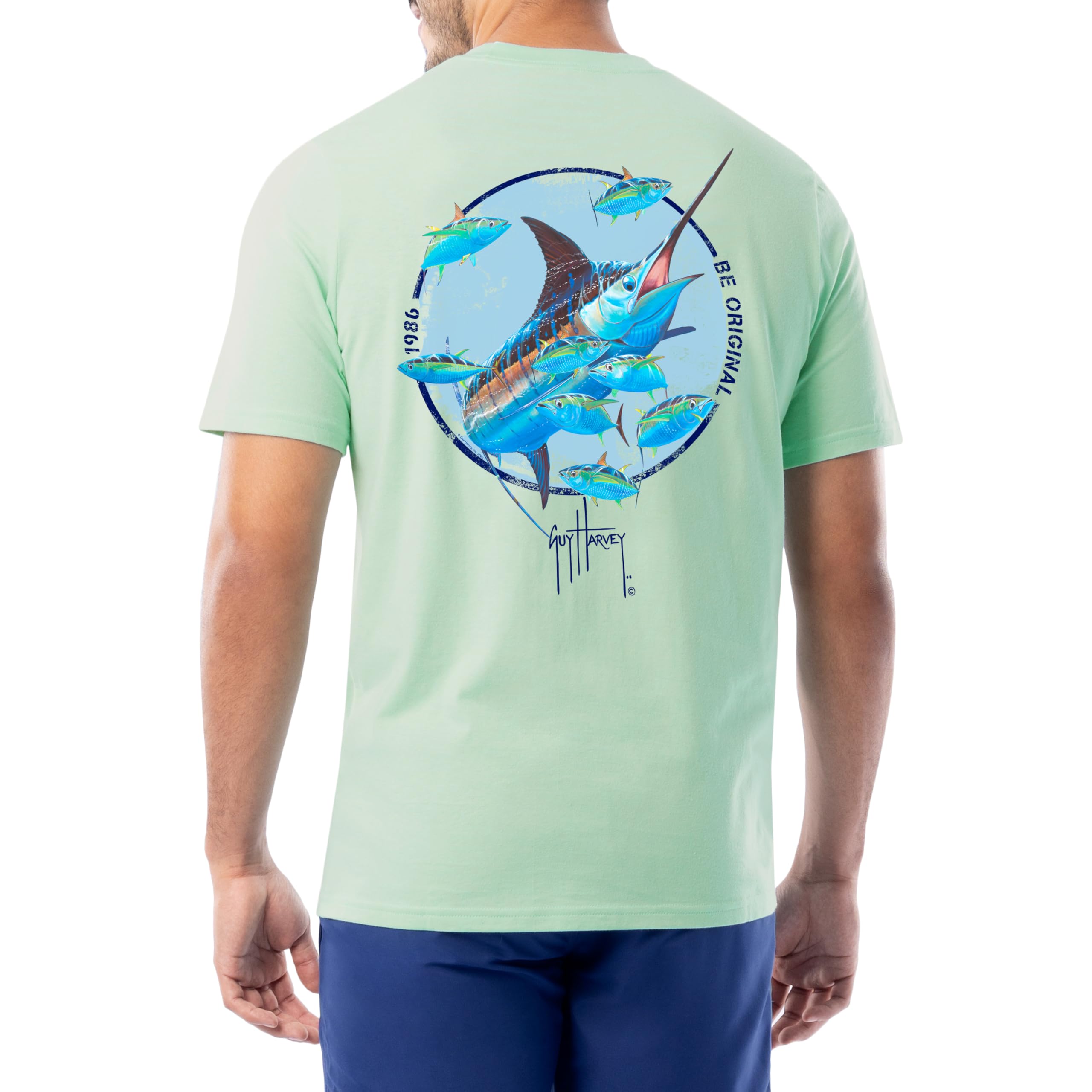 Guy Harvey Men’s Short Sleeve Cotton Graphic T-Shirt, Key Lime/Tuna Hunt, XXL