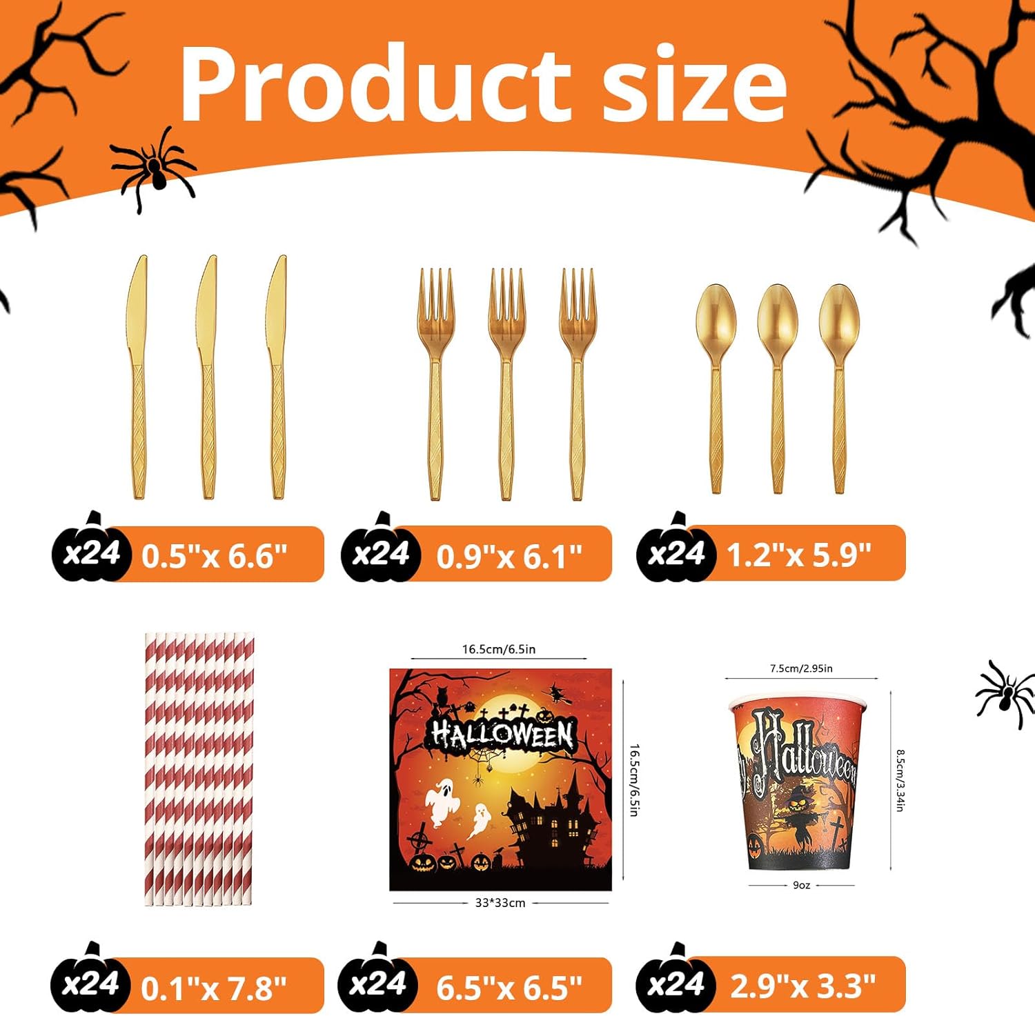 192 Pcs Halloween Plates and Napkins Disposable Tableware Sets for 24 Guests Horror Theme Decorations Set Scary Party Supplies Paper Cups Napkins Forks Knives Straws (Orange Halloween Ghost)