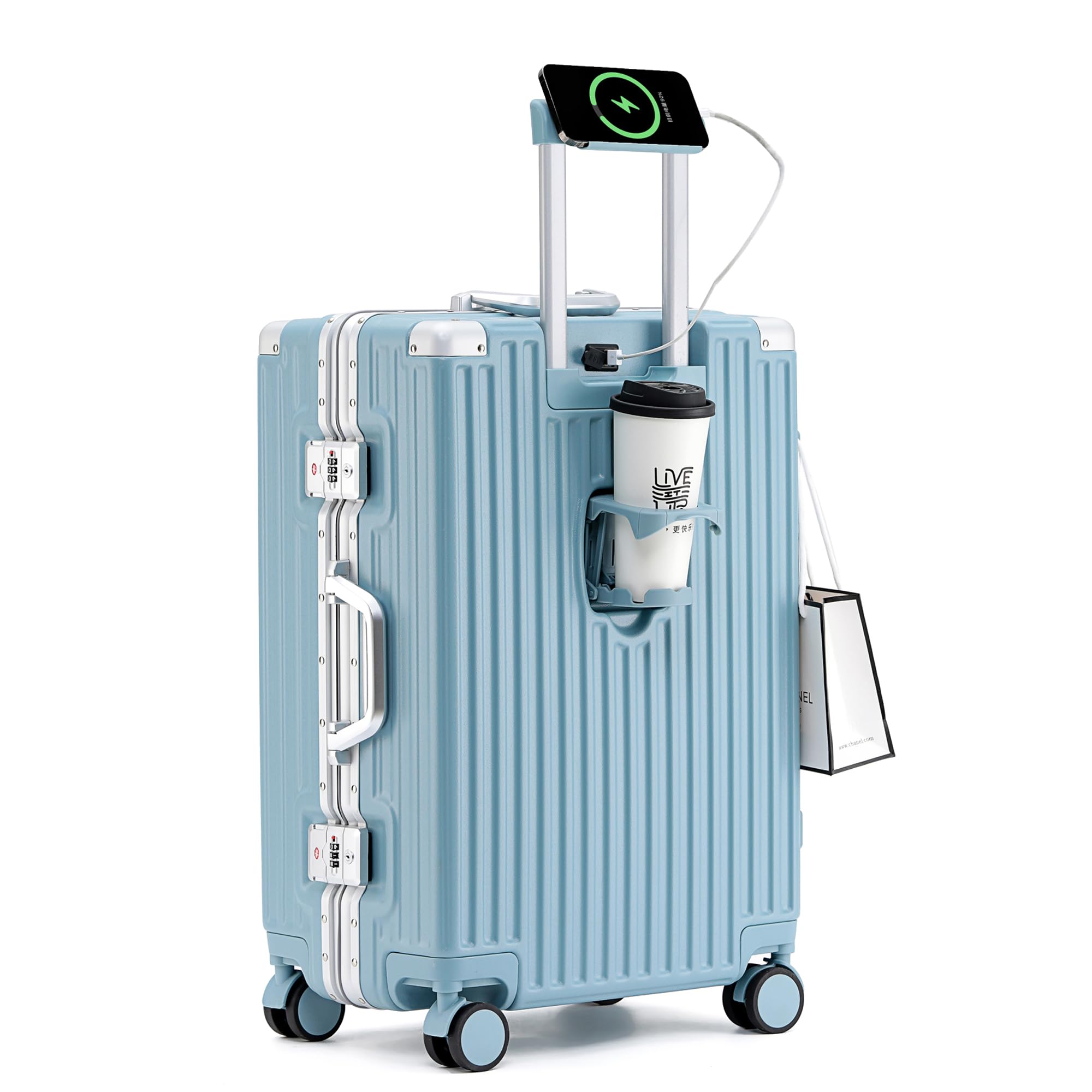 Valise De Voyage Roulette Suitcase Valise Cabine Valise Moyenne Taille Valise sans Fermeture Éclair avec Porte-Gobelet, Support pour Téléphone Portable Et Port De Charge USB,Bleu,26in