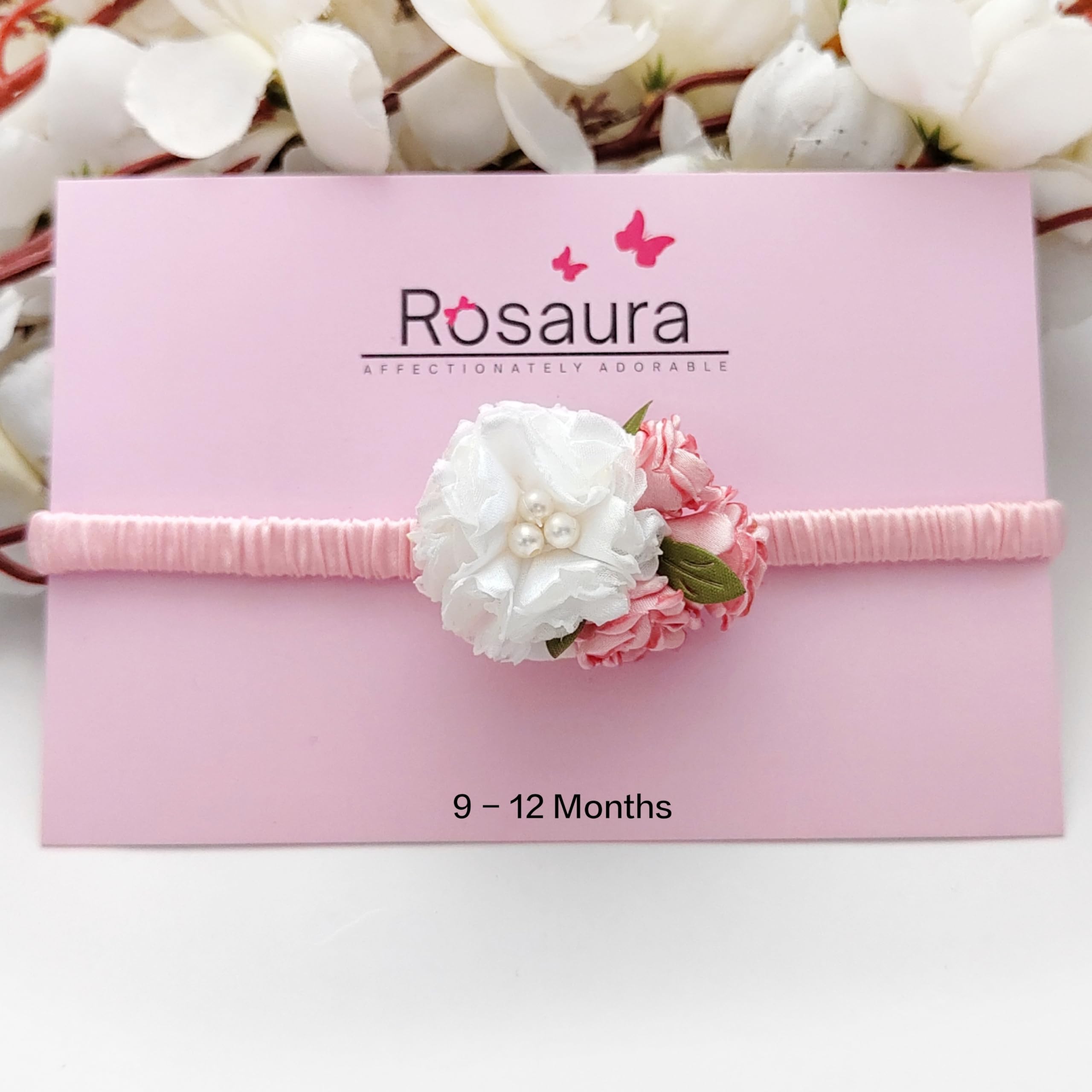 Rosaura Elastic Headband for Baby Girls | 9-12 Months| Floral Toddler Hairband | Flower Headband | White And Baby Pink Colour | Baby Headband | Soft Baby Headbands | Photo Prop Headbands [Pack Of 1]-image-43