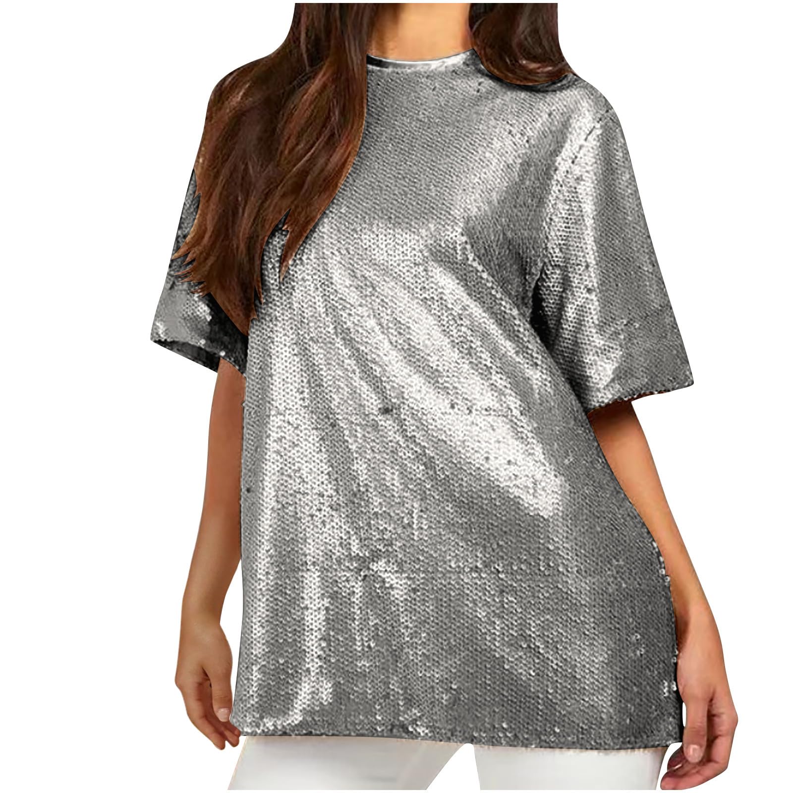 Camisetas Manga Corta Mujer,Camiseta Mujer de Cuello Redondo Moderna Manga Larga Top Cocktail Curvy Top de Lentejuelas para Mujer Blusas de Mujer Elegantes Parte Superior de Fiesta