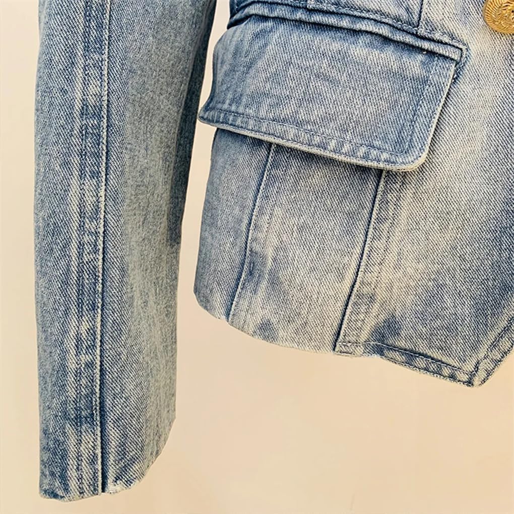 Women Notched Washed Denim Outwear Jackets Double Breasted Slim Short Casual Blazer