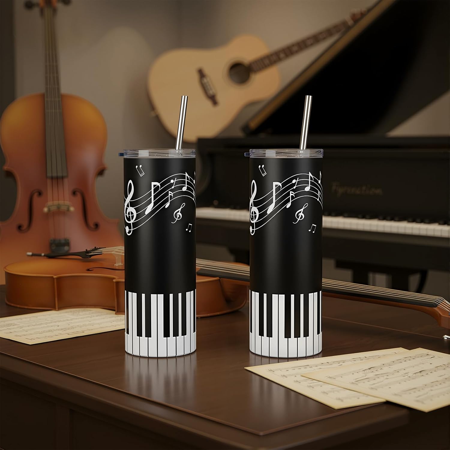 Umigy 2 Pieces Piano Gift Tumbler with Lid Straw and Brush, 20 oz Musical Note Travel Coffee Mug Stainless Steel Cup for Valentine's Day Music Lovers Singers Player Teacher Gifts - Image 5