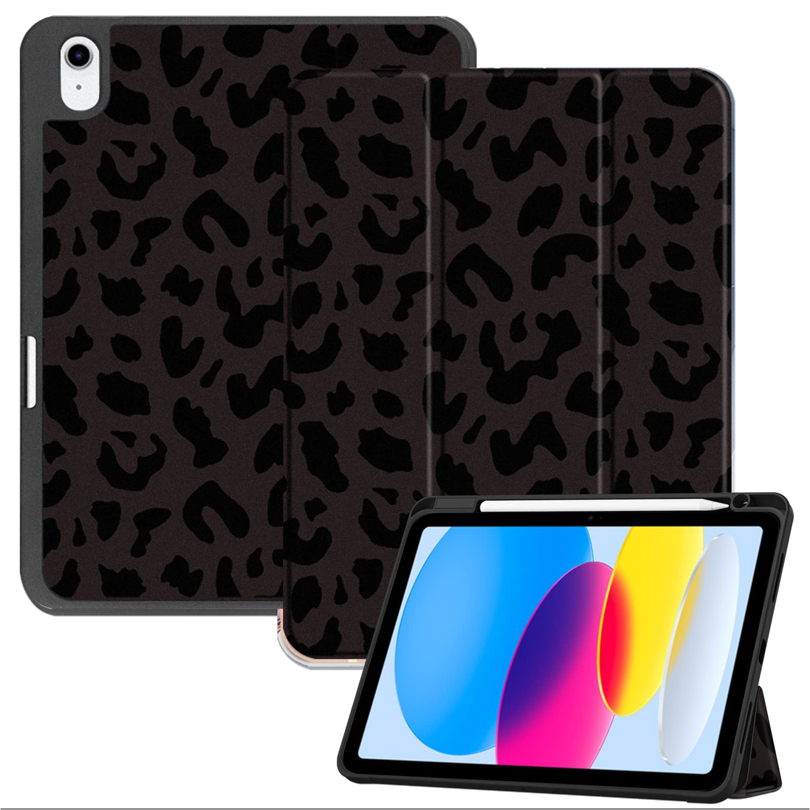 Compatible with iPad 10th Generation Case 2022,iPad 10.9 Inch Case with Pencil Holder and Soft TPU Back Case,Auto Sleep/Wake Cover-Black Purple Leopard Cheetah Pattern