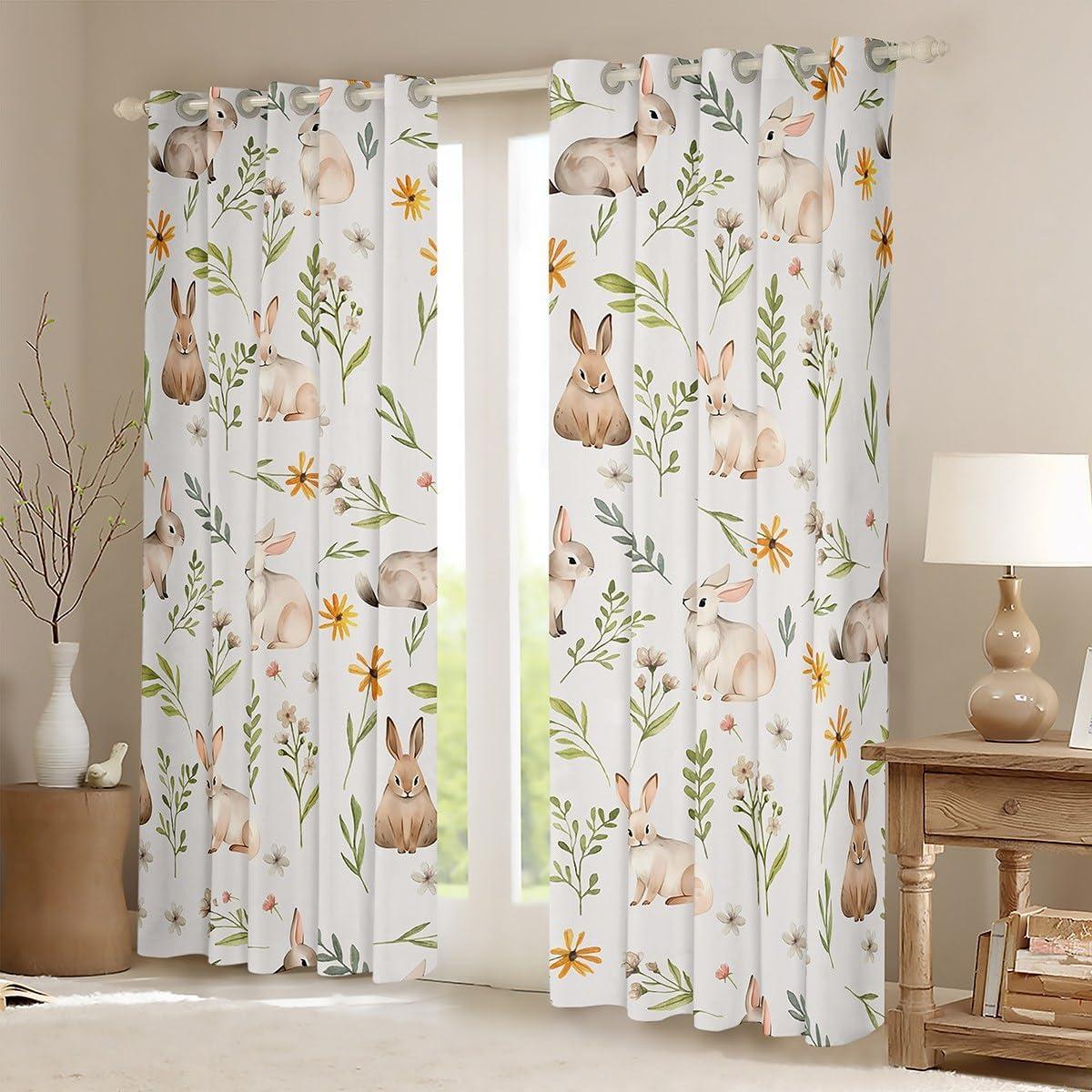 Cute Rabbit Curtains for Bedroom Living Room Girls Boys Kids (2 Panels, 52 x 63 Inch) Happy Easter Blackout Curtainsative Easter Bunny Darkening Dreapes Floral Botanical Print Window Treatments