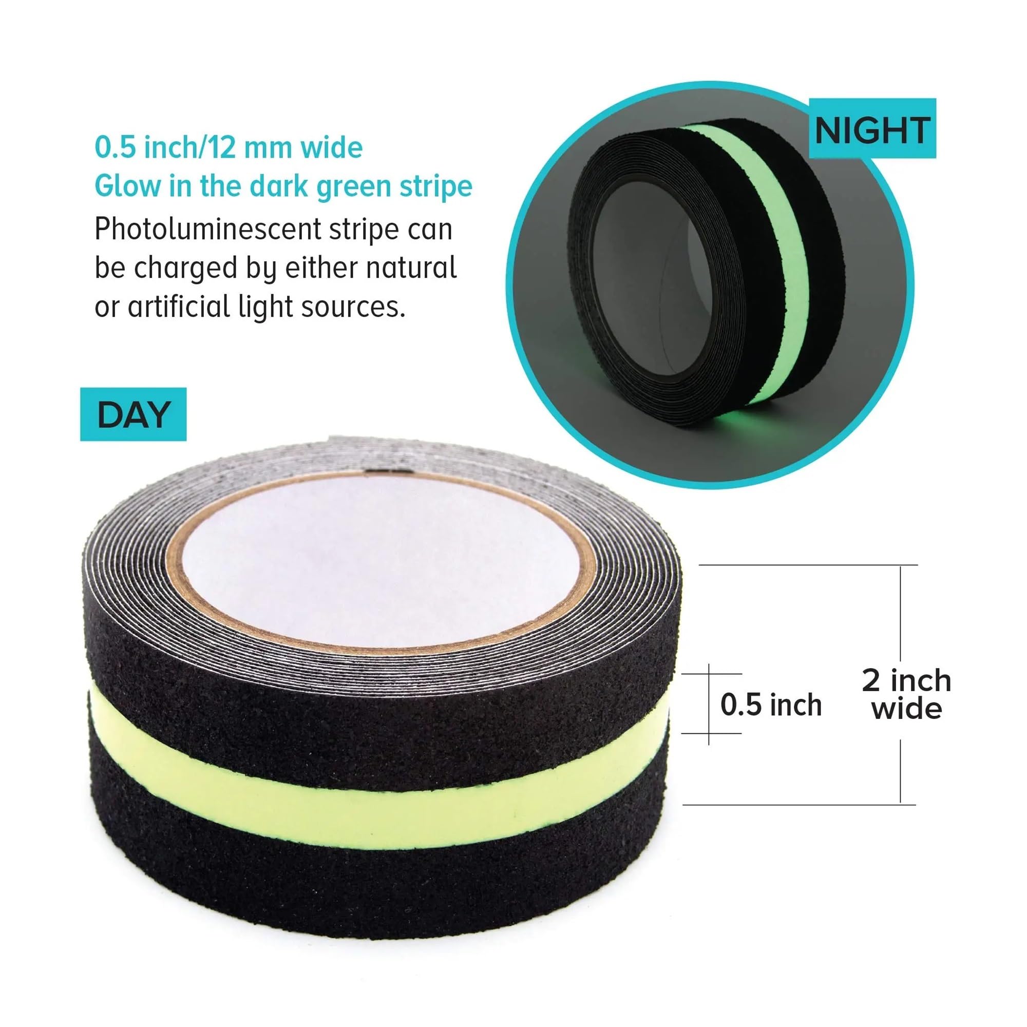 2 Rollen 5 cm x m selbstklebendes Anti-Rutsch-Klebeband | Im Dunkeln leuchtendes grünes Streifen-Reibungsschleifmittel for Treppenstufen und Stufen im Innen- Außenbereich für Treppenstufen(Green)