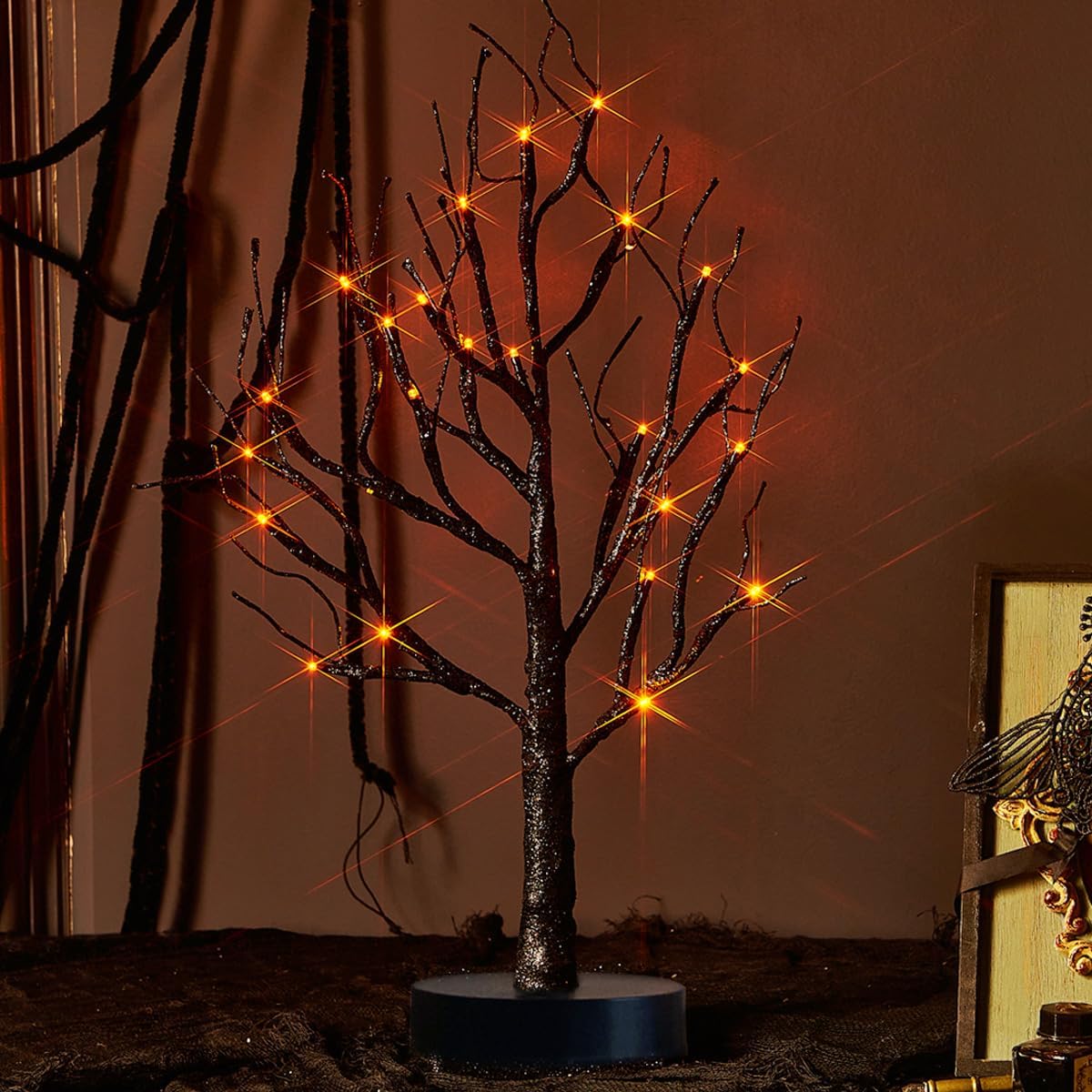 Fudios Halloween Lighted Branches with Timer 100 LED Orange Fairy Lights 32IN, Black Tree Branch Lights Battery Operated for Home Party Mantle Decoration