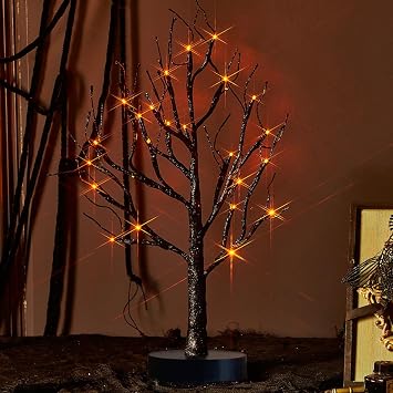 Fudios Black Halloween Tree with Lights 24 LED Orange with Timer, Lighted Tabletop Glittered Spooky Tree Artificial 18in for Witch Home Decor Battery Operated or USB Plug