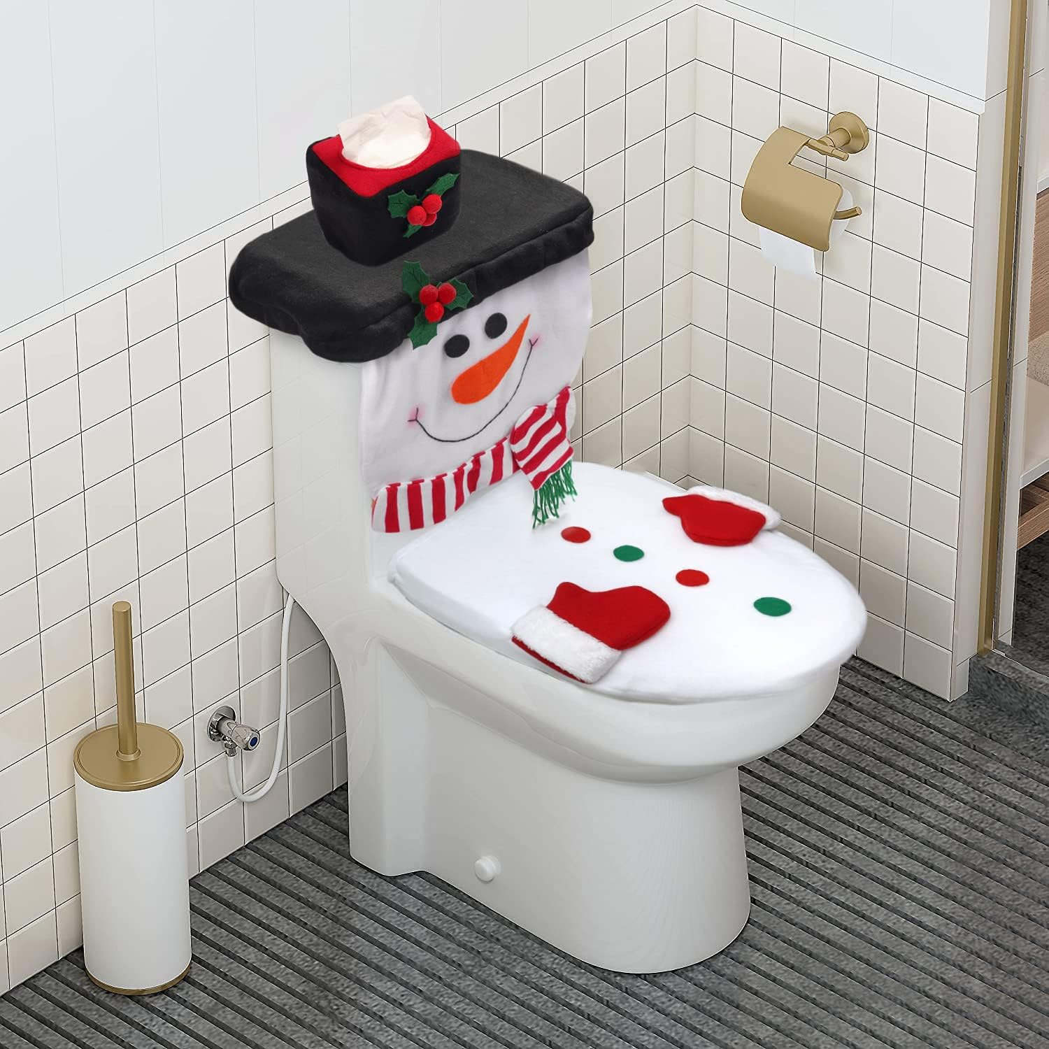 HexyHair Christmas Bathroom Sets Toilet Seat Cover, 4 PCS Snowman White Bathroom Decor Christmas Toilet Lid Tank Cover, Toilet Paper Box Cover and Towel for Christmas Decorations Indoor Home : Home & Kitchen