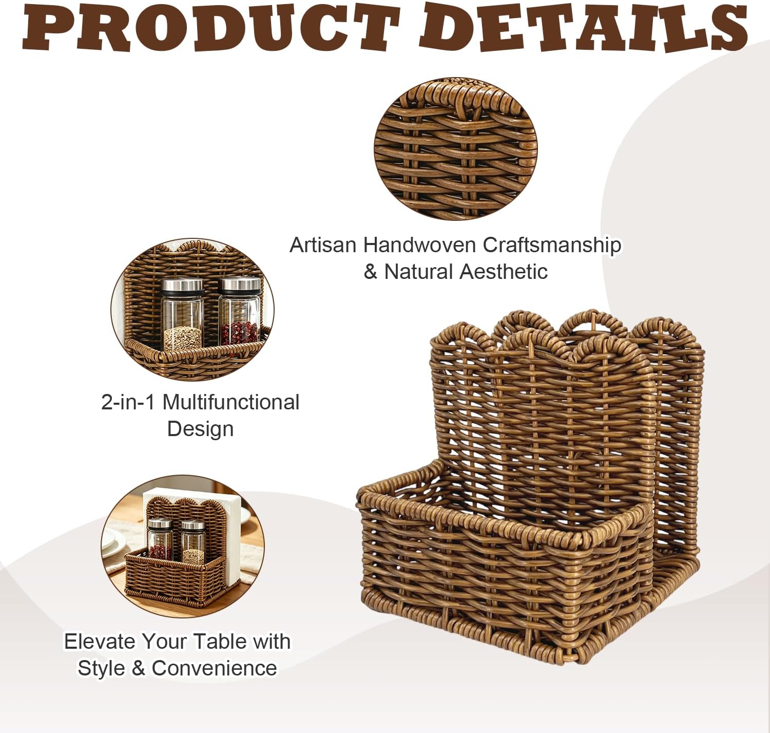 Plastic Rattan Scalloped Perimeter Napkin Holder for Table, Salt and Pepper Shakers Holder - Countertop Organizer for Rustic Room Decor, Brown (Without Salt, Pepper Shakers & Napkins)