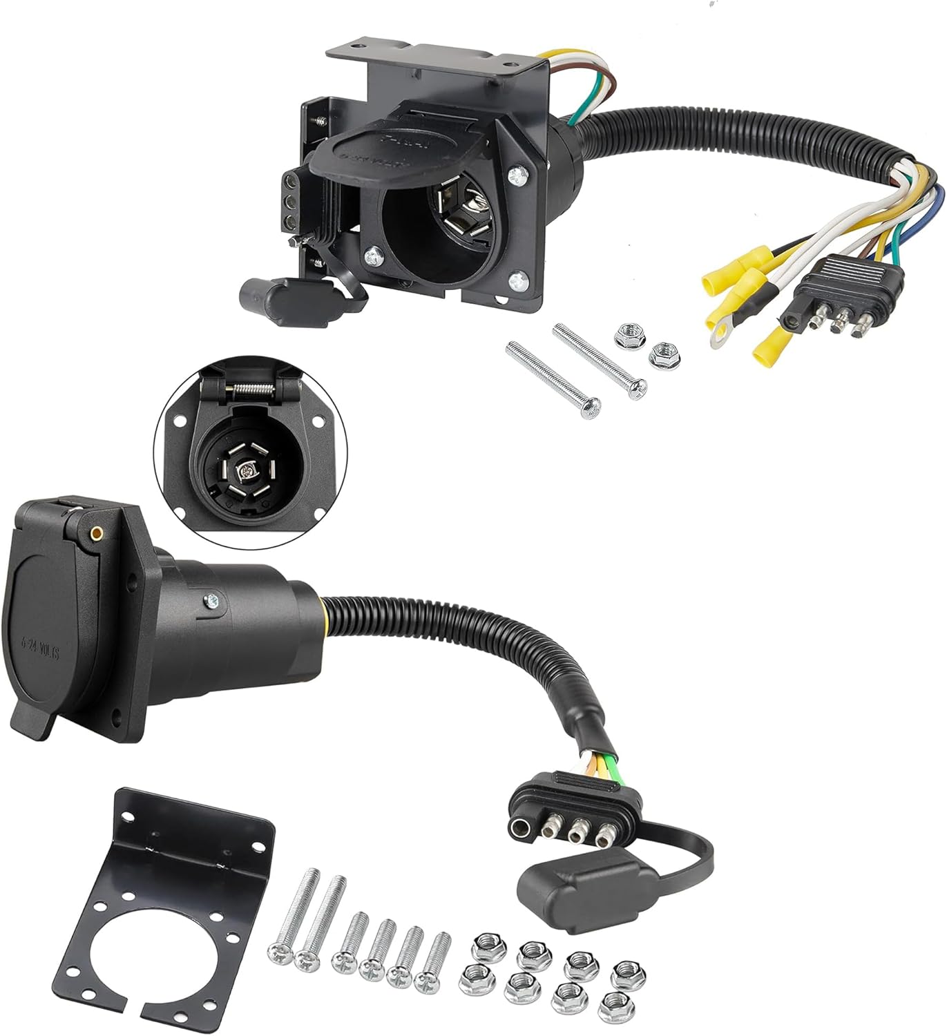 Oyviny 4-Pin to 7-Way Round Blade Trailer Adapter W/Mounting Bracket + 4-Way Flat to 7-Way Round Blade and 4 Way Trailer Wiring