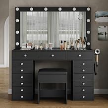 FUSOU 15 Drawers Vanity Desk with Mirror and Lights, Black