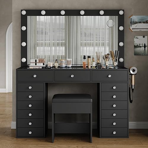 15 Drawers Vanity with Mirror and 12 LED Lights, Makeup Vanity with Charging Station, 3 Color Modes Adjustable Brightness, Glass Top Vanity Desk with Stool for Bedroom, Black